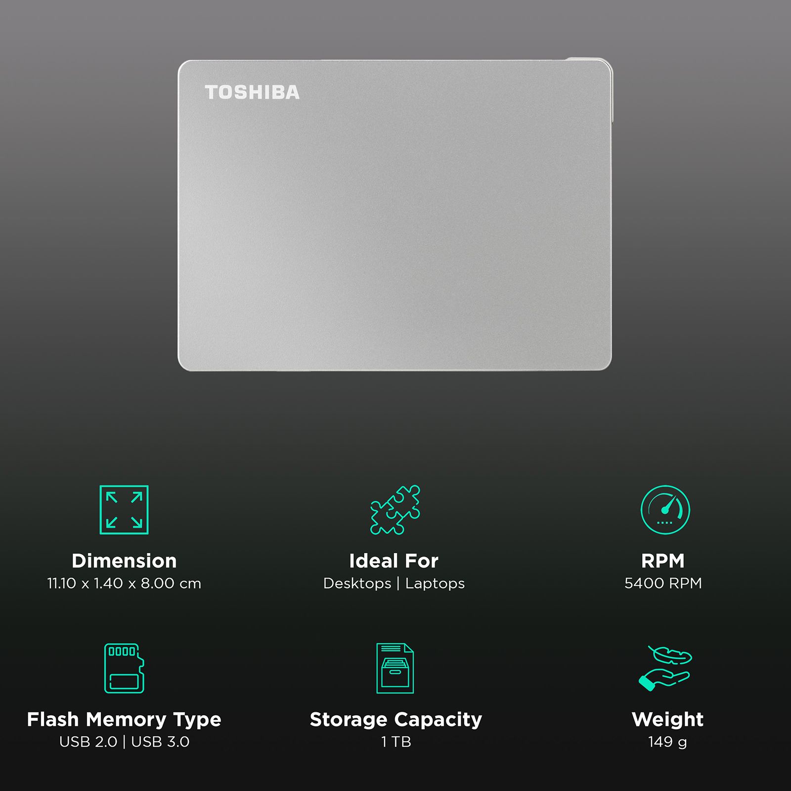 TOSHIBA Canvio Flex 1TB USB-C (3.0) Portable Hard Disk Drive (Cross-Device Compatibility, Silver)_3