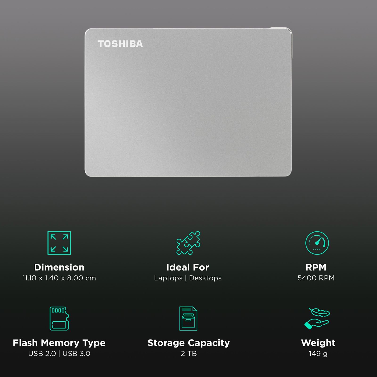 TOSHIBA Canvio Flex 2TB USB-C (3.0) Portable Hard Disk Drive (Cross-Device Compatibility, Silver) TOSHIBA Canvio Flex 2TB USB-C (3.0) Portable Hard Disk Drive (Cross-Device Compatibility, Silver)_3