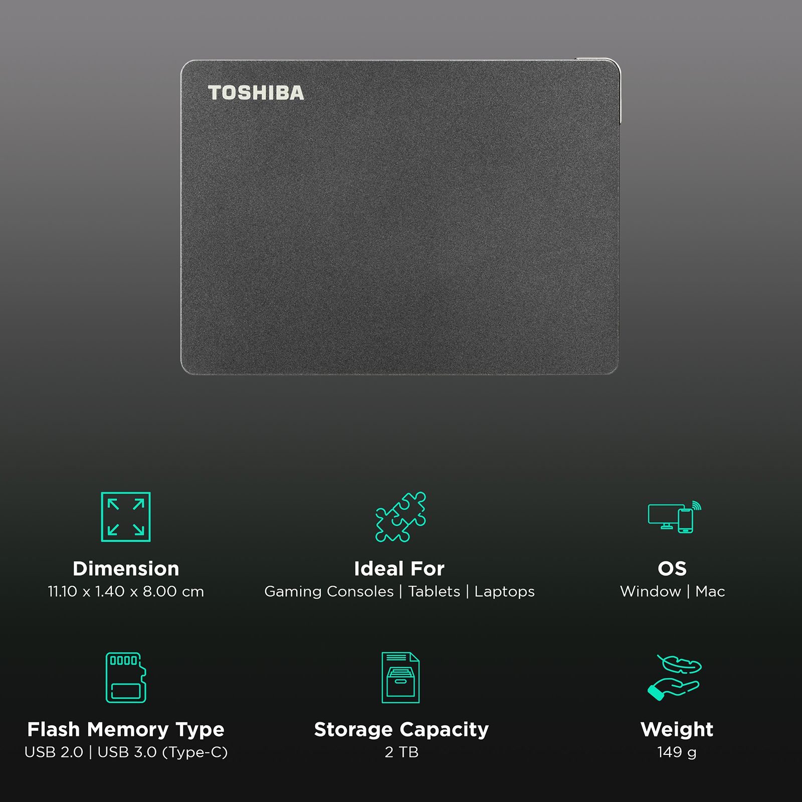 TOSHIBA Canvio Gaming 2TB USB 3.0/USB 2.0 Hard Disk Drive (Portable Design, HDTX120AK3AA, Black) TOSHIBA Canvio Gaming 2TB USB 3.0/USB 2.0 Hard Disk Drive (Portable Design, HDTX120AK3AA, Black)_3