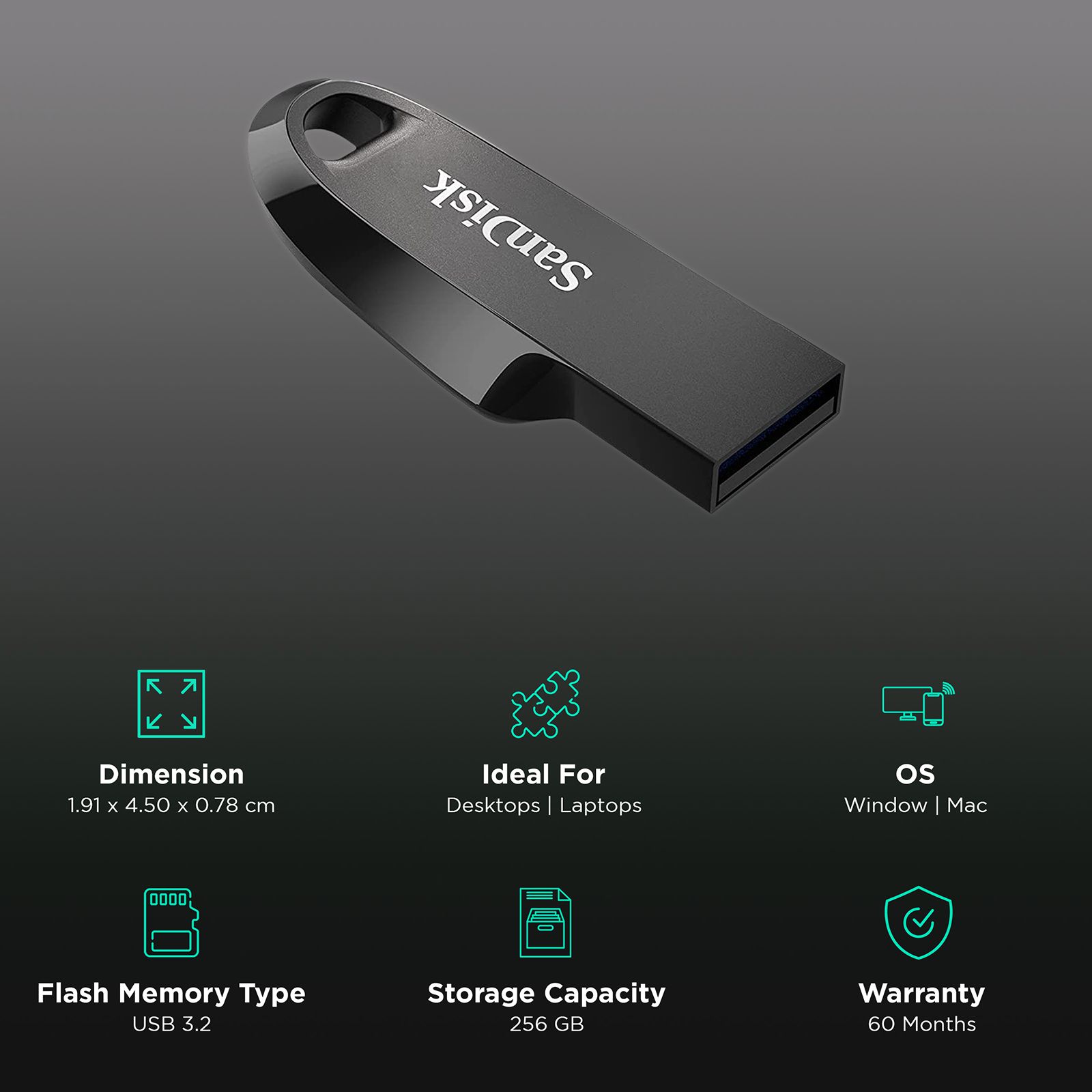 SanDisk Ultra Curve 256GB USB (3.2) Pen Drive (Built-In Keyring Loop, Black )_3