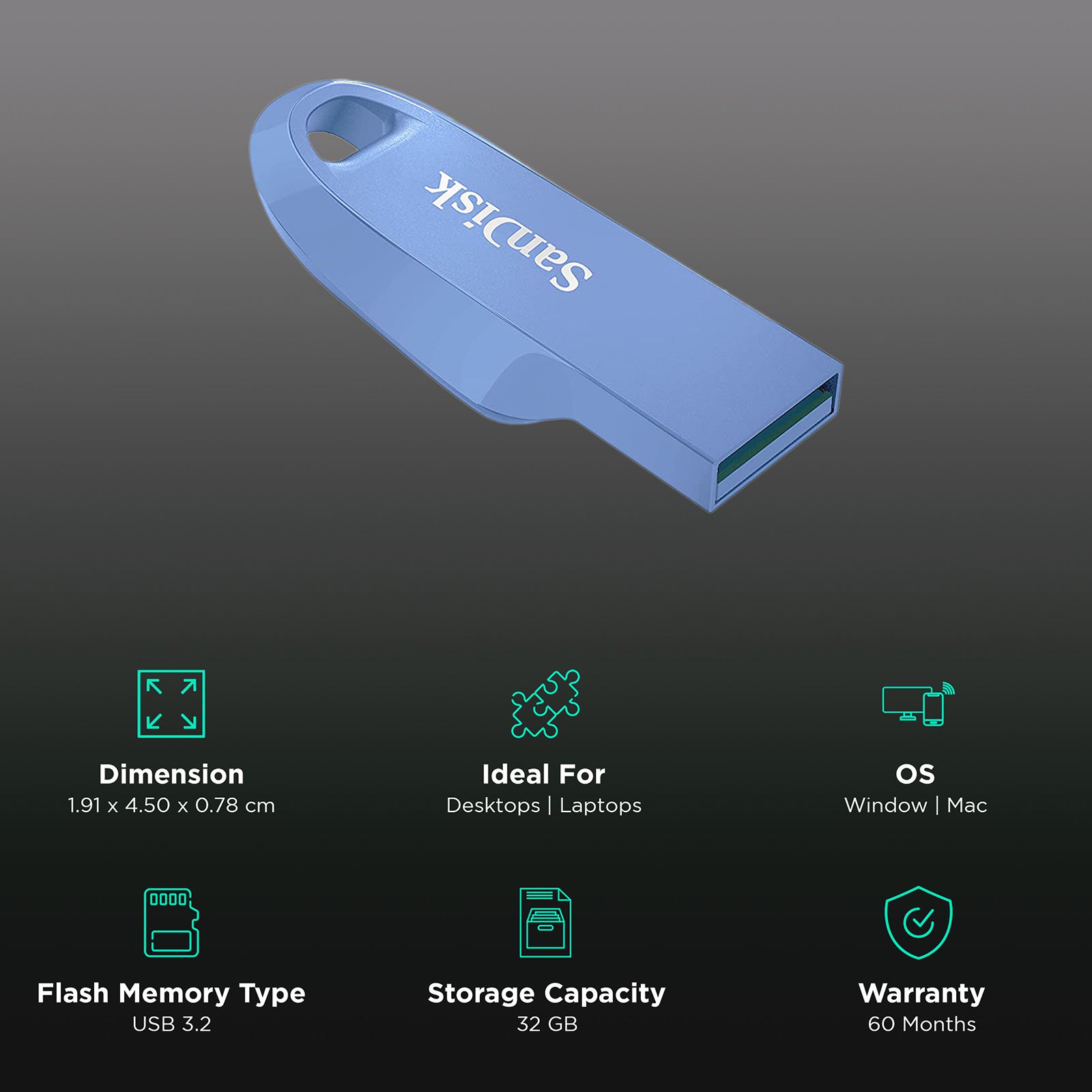 SanDisk Ultra Curve 32GB USB (3.2) Pen Drive (Built-In Keyring Loop, Navy Blue)_3