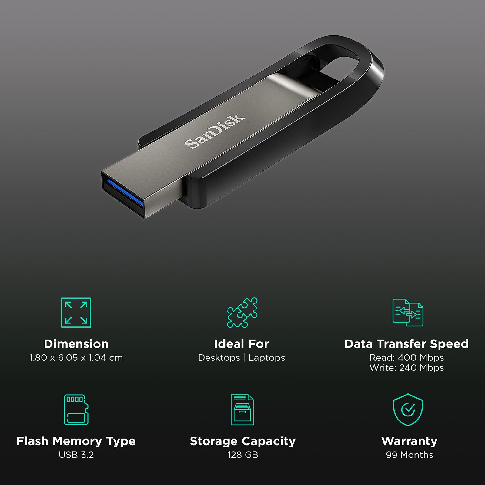 SanDisk Extreme Go 128GB USB Type A (3.2) Pen Drive (Premium Metal Design, Silver)_3