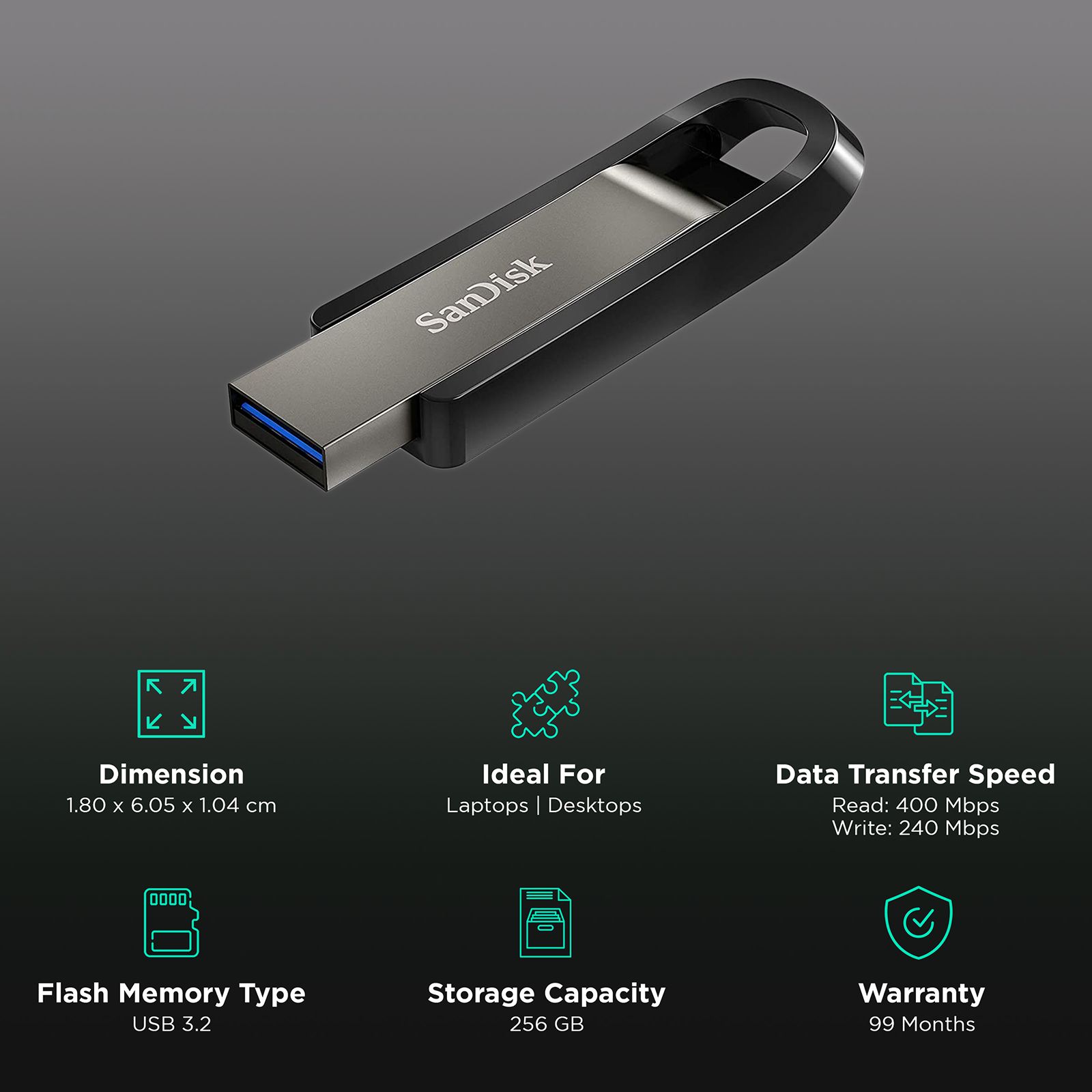 SanDisk Extreme Go 256GB USB Type A (3.2) Pen Drive (Deluxe Data Recovery Software, Silver)_3