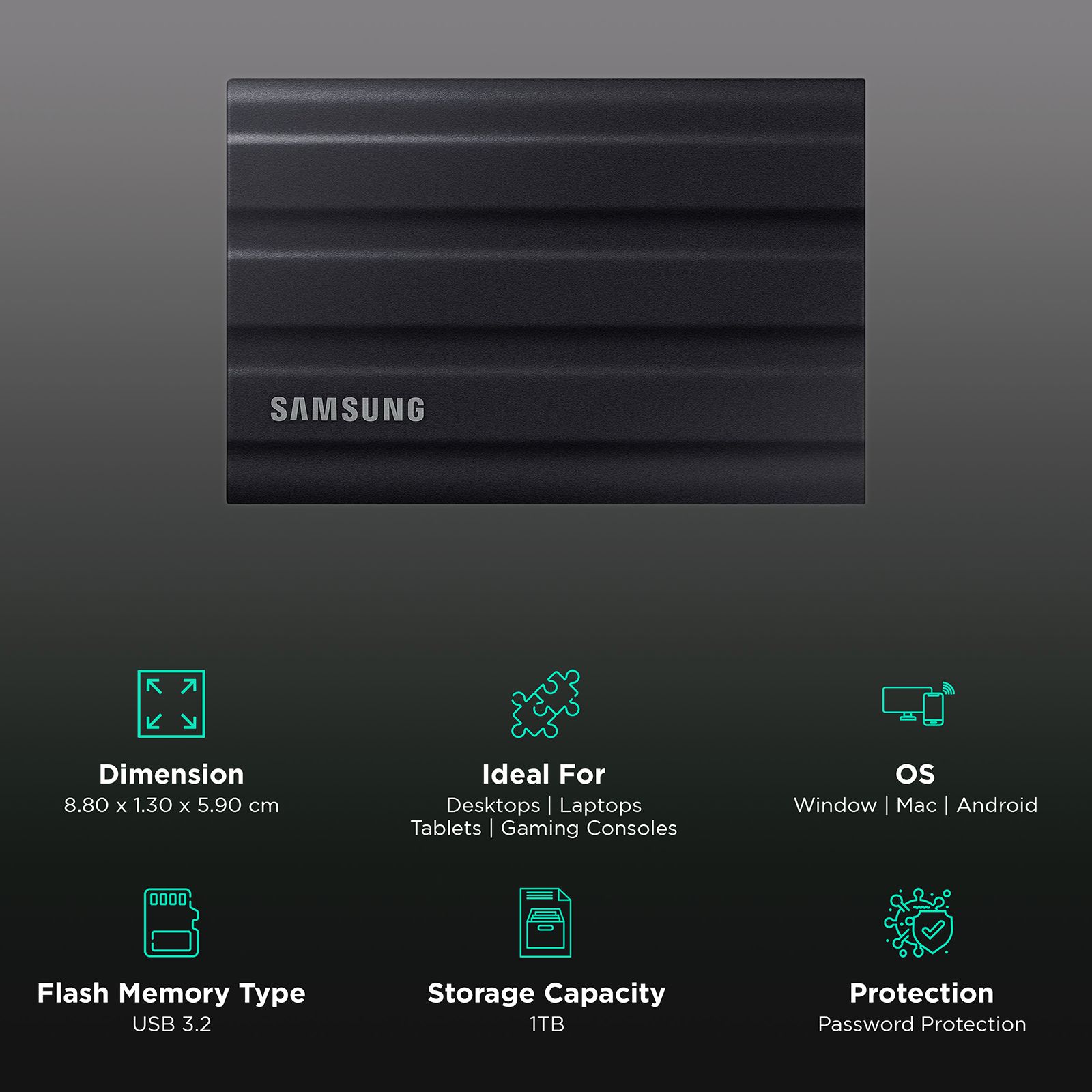 SAMSUNG T7 1TB USB Type-C (3.2) Portable Solid State Drive (IP65 Water and Dust Resistance, Black)_3