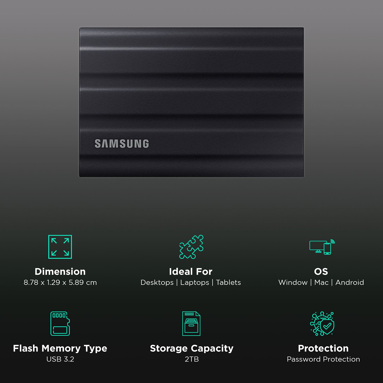 SAMSUNG T7 2TB USB Type-C (3.2) Portable Solid State Drive (IP65 Water and Dust Resistance, Black)_3