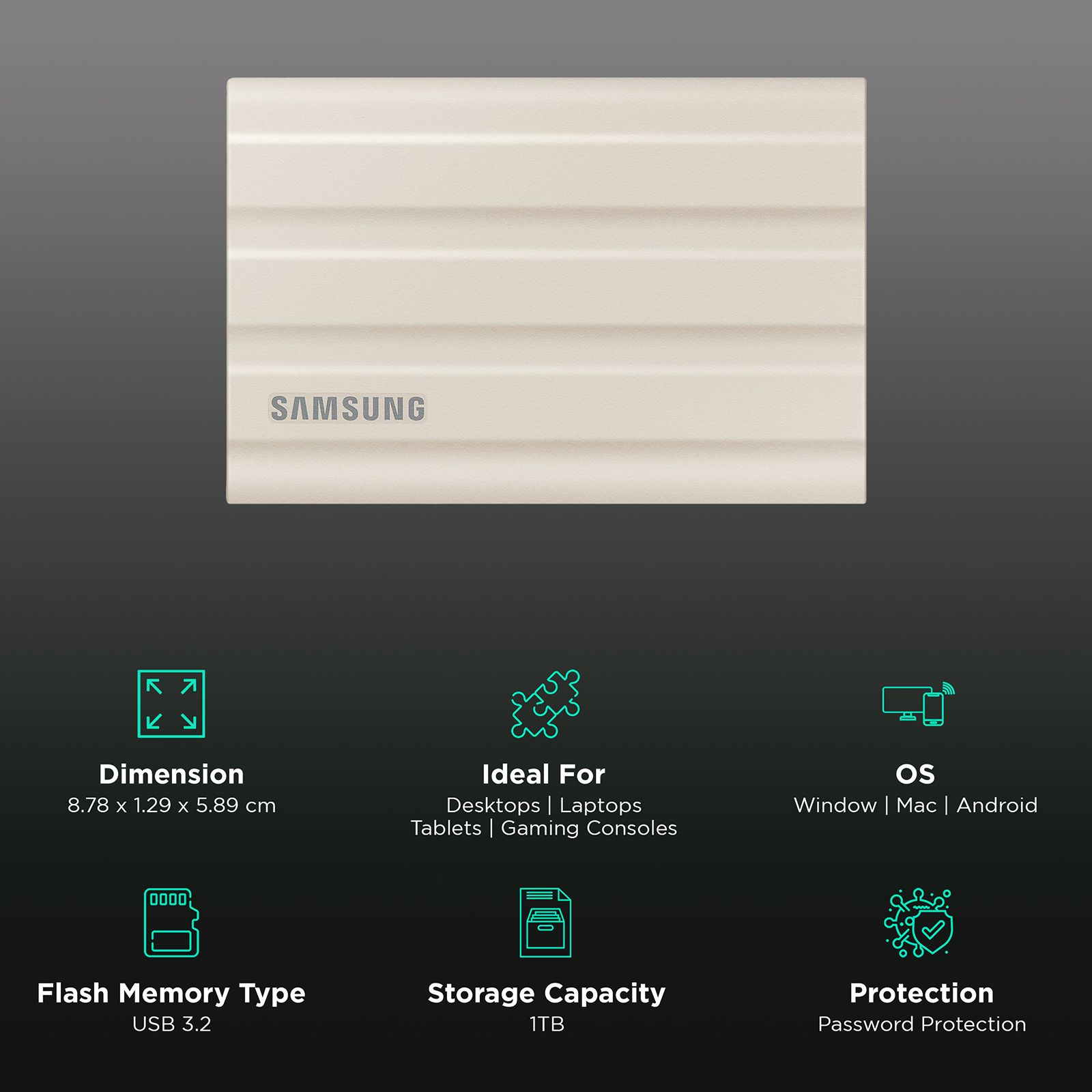 SAMSUNG T7 1TB USB Type-C (3.2) Portable Solid State Drive (IP65 Water and Dust Resistance, Beige)_3