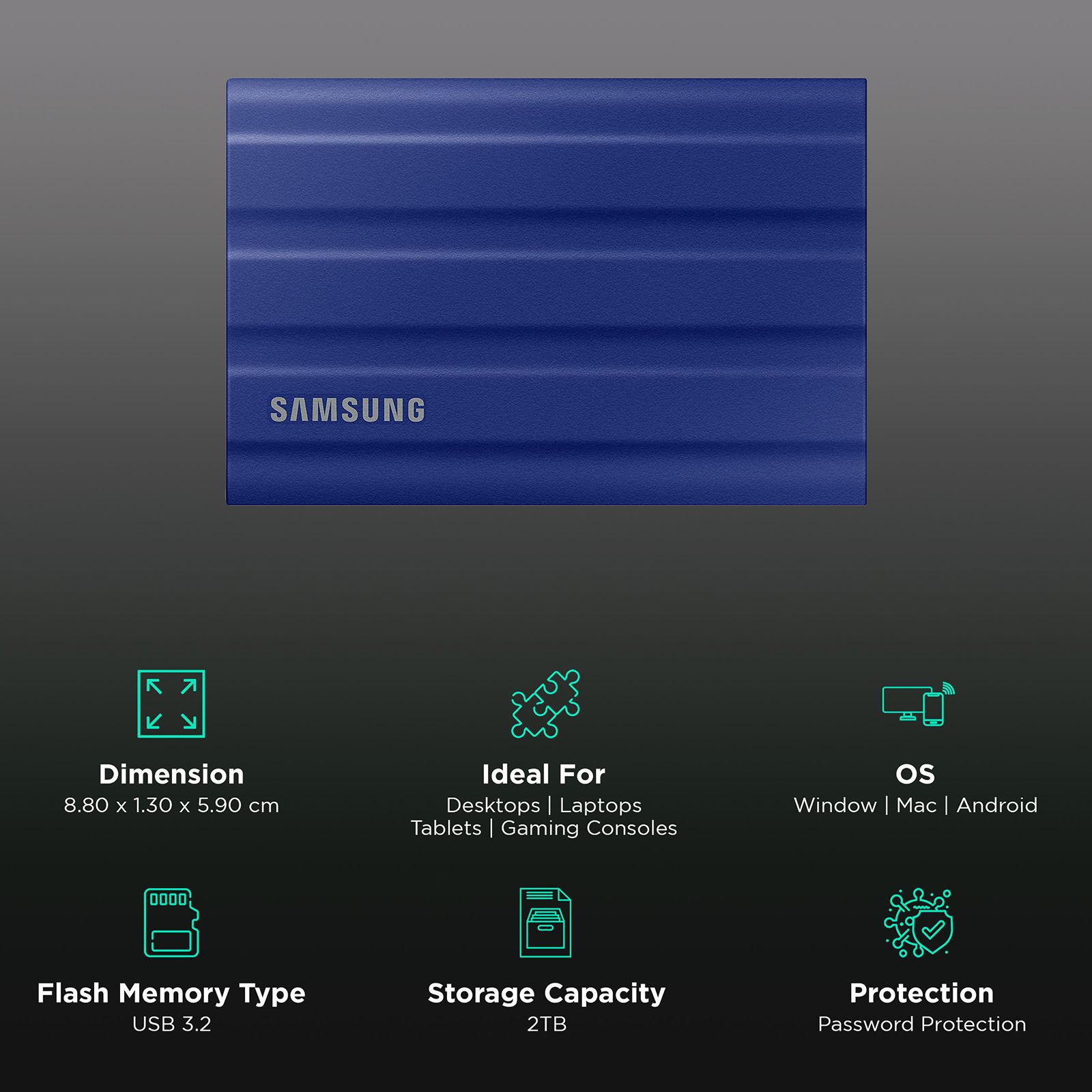 SAMSUNG T7 2TB USB Type-C (3.2) Portable Solid State Drive (IP65 Water and Dust Resistance, Blue)_3