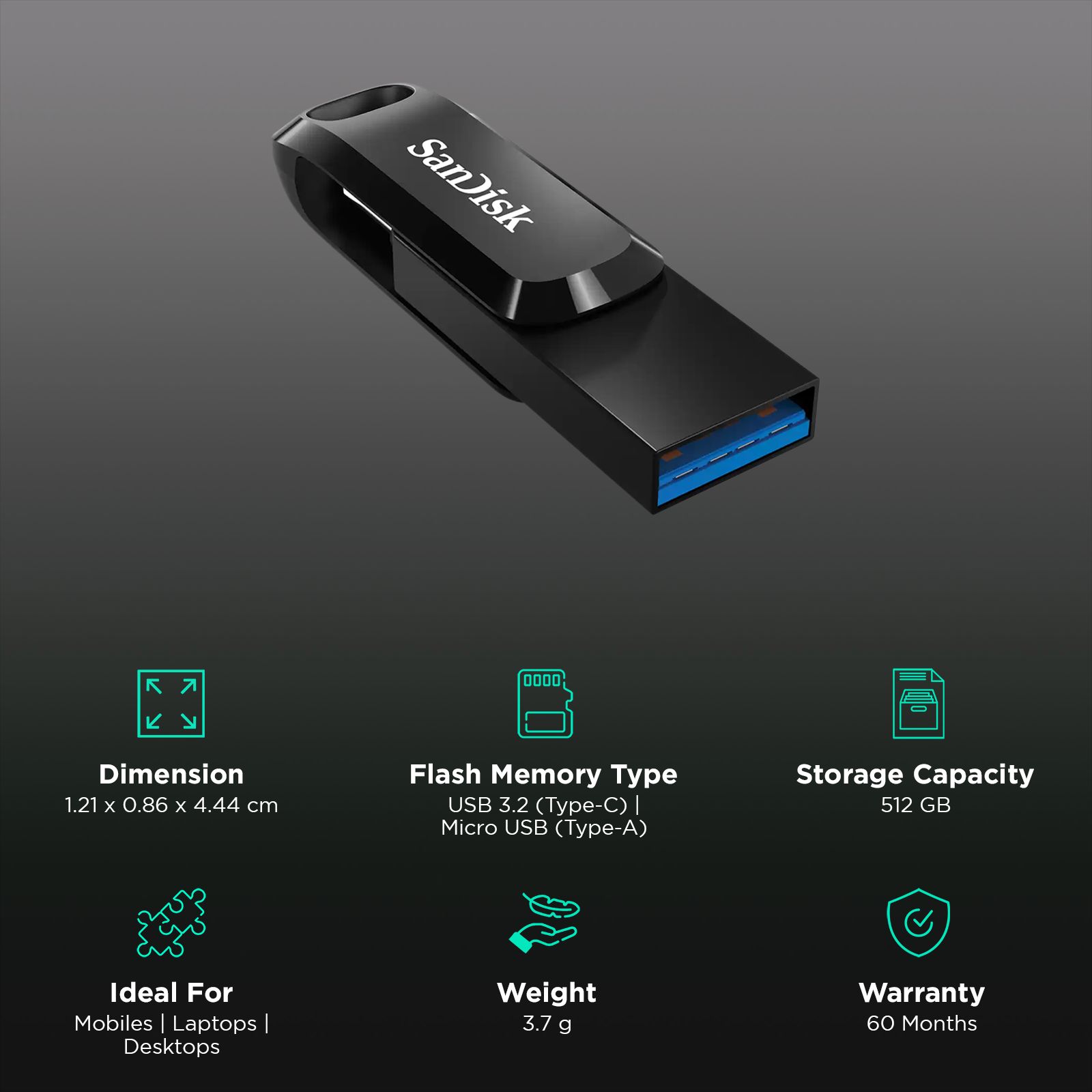 SanDisk Ultra Dual Drive Go 512GB USB Type A (3.2), USB Type C (3.2) OTG Pen Drive (Swivel Design to Protect Connectors, Black) SanDisk Ultra Dual Drive Go 512GB USB Type A (3.2), USB Type C (3.2) OTG Pen Drive (Swivel Design to Protect Connectors, Black)_3
