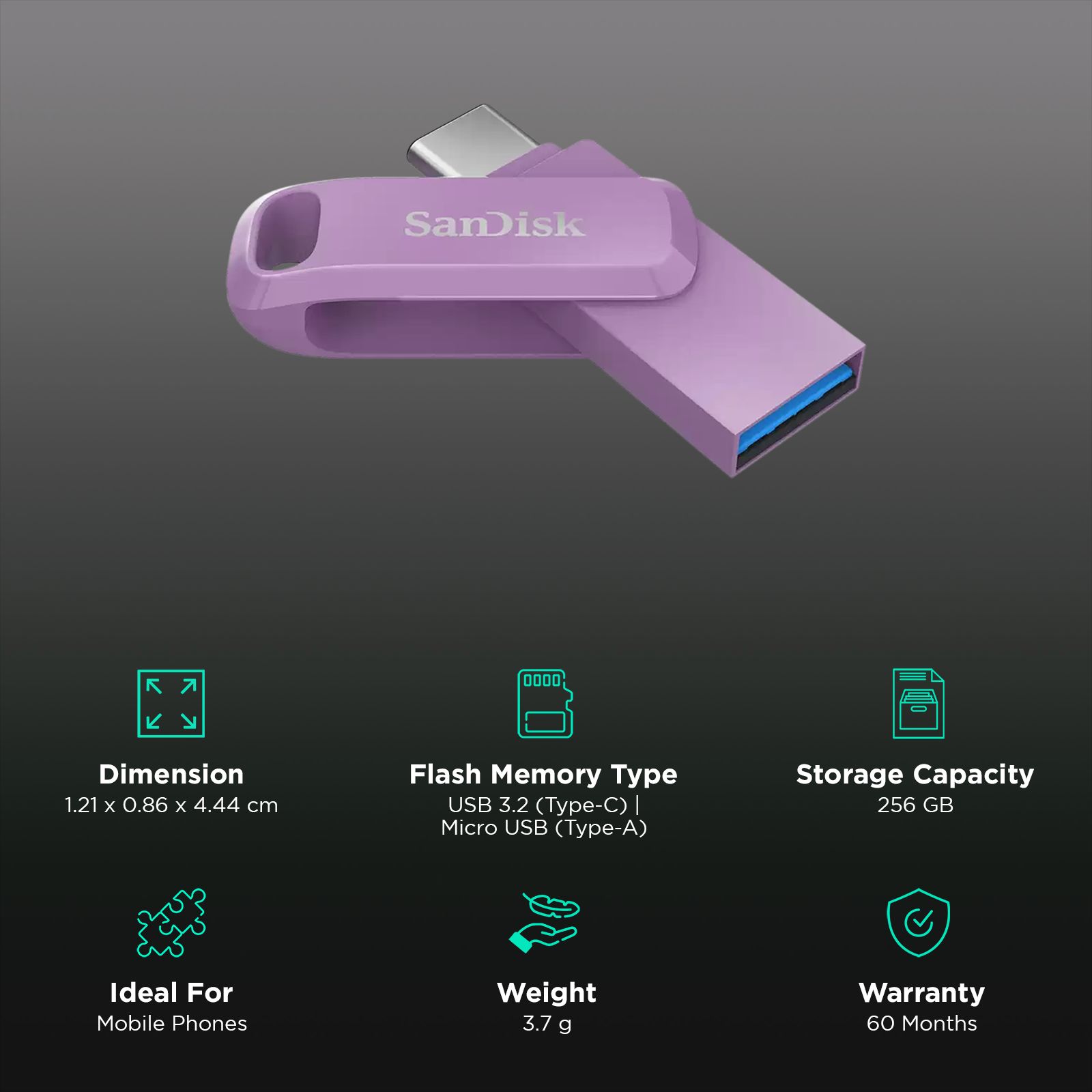 SanDisk Ultra Dual Drive Go 256GB USB Type A (3.2), USB Type C (3.2) OTG Pen Drive (Swivel Design to Protect Connectors, Lavender) SanDisk Ultra Dual Drive Go 256GB USB Type A (3.2), USB Type C (3.2) OTG Pen Drive (Swivel Design to Protect Connectors, Lavender)_3
