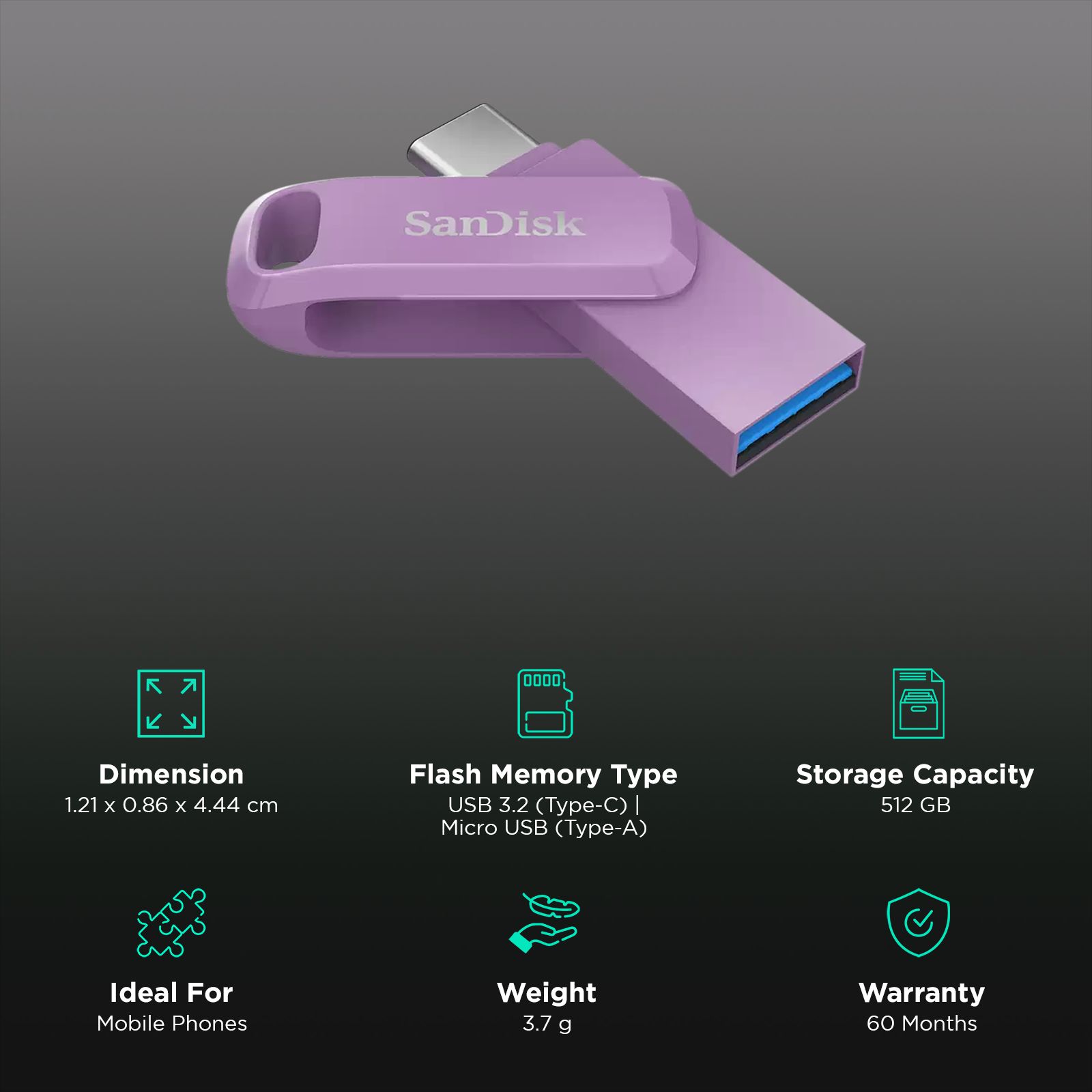 SanDisk Ultra Dual Drive Go 512GB USB Type A (3.2), USB Type C (3.2) OTG Pen Drive (Swivel Design to Protect Connectors, Lavender) SanDisk Ultra Dual Drive Go 512GB USB Type A (3.2), USB Type C (3.2) OTG Pen Drive (Swivel Design to Protect Connectors, Lavender)_3