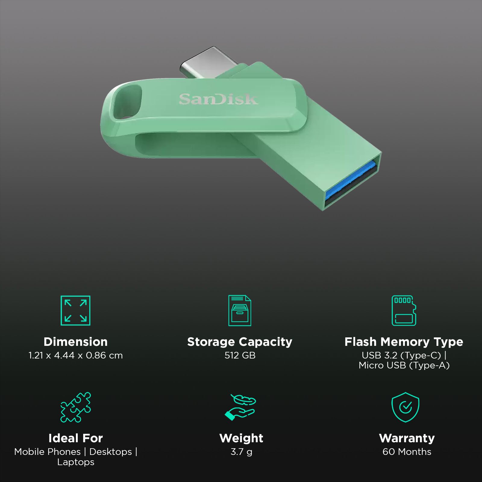 SanDisk Ultra Dual Drive Go 512GB USB Type A (3.2), USB Type C (3.2) OTG Pen Drive (Swivel Design to Protect Connectors, Absinthe Green)_3