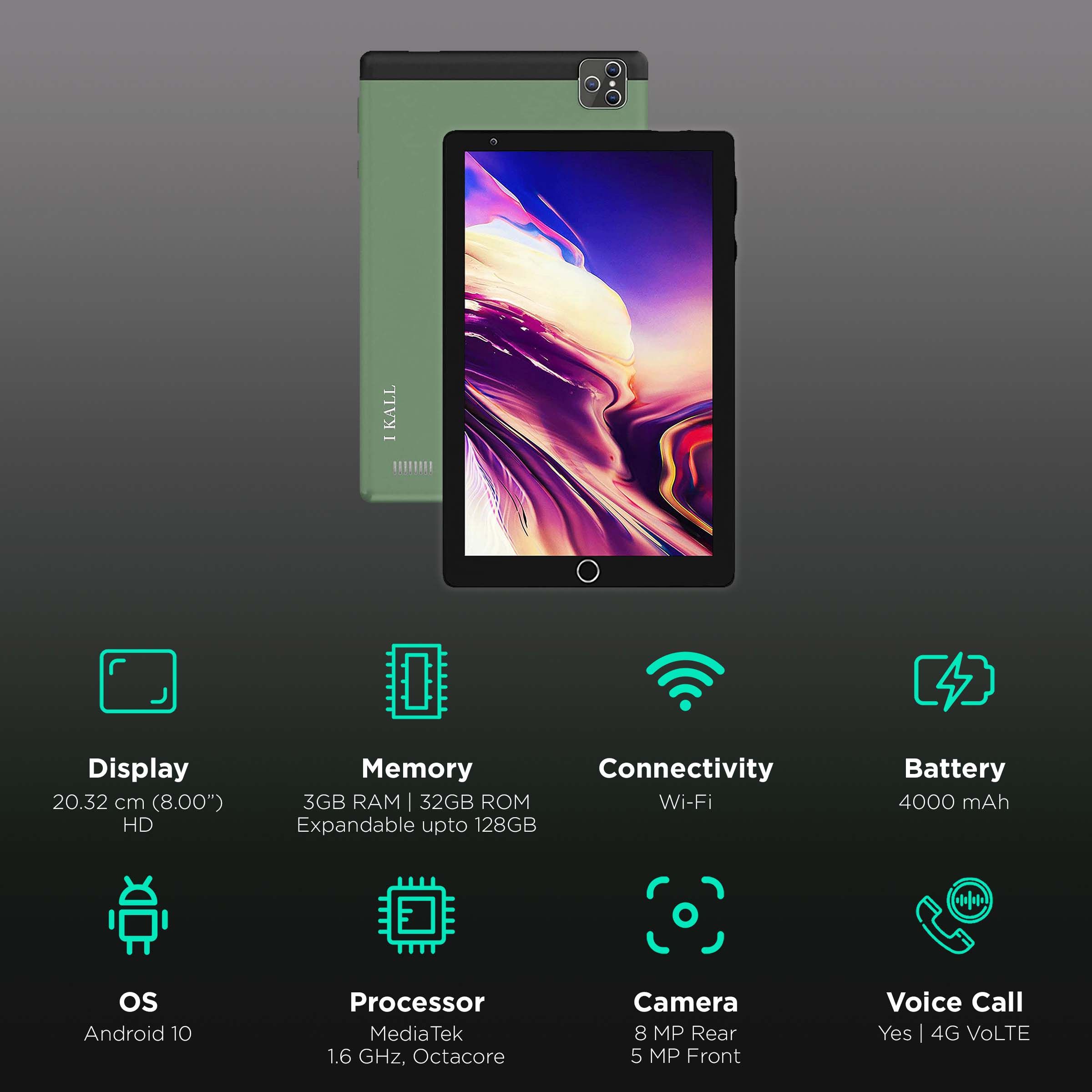 I KALL N17 Wi-Fi+4G VoLTE Android Tablet (8 Inch, 3GB RAM, 32GB ROM, Green)_3