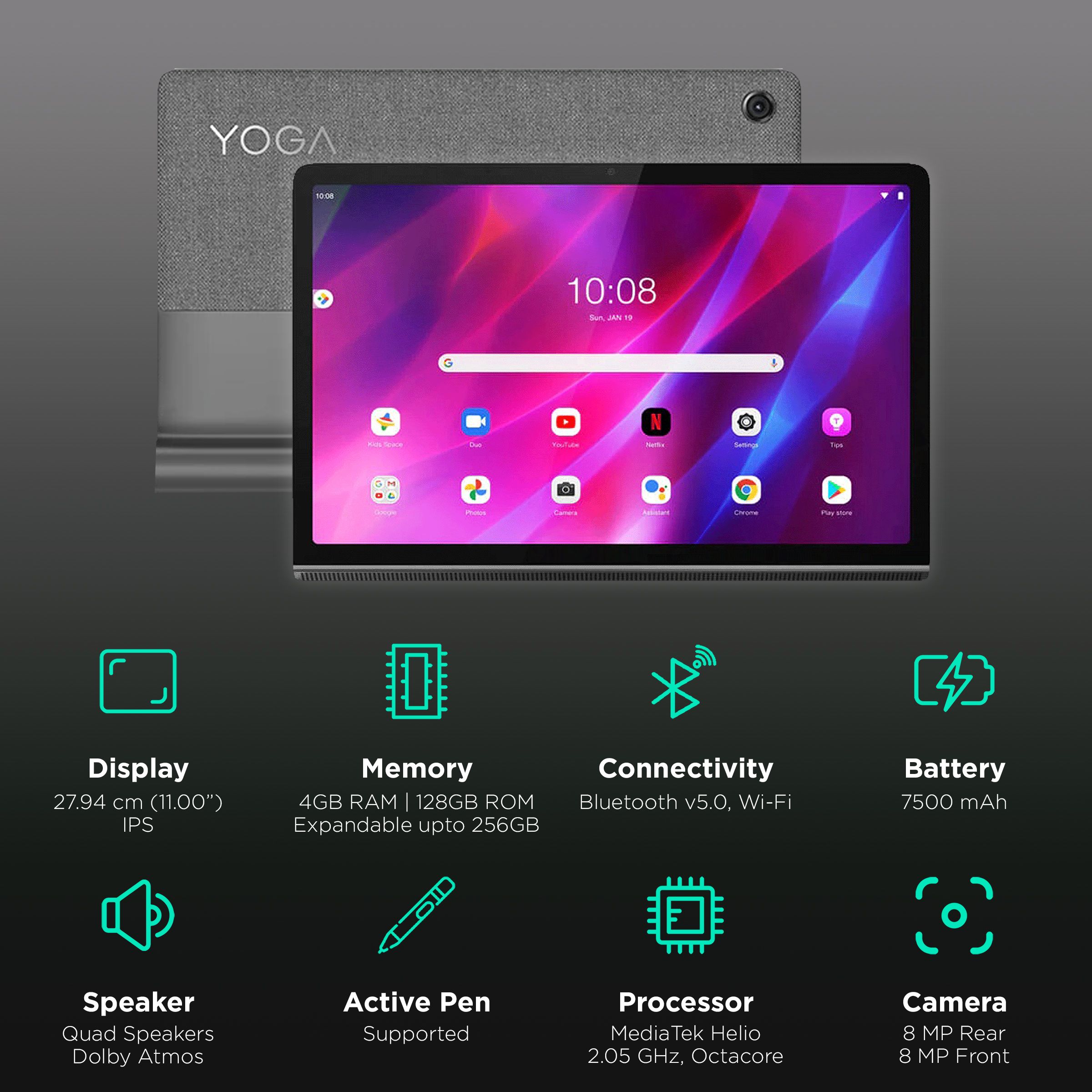 Lenovo Yoga Tab 11 Wi-Fi+4G Android Tablet (11 Inch, 4GB RAM, 128GB ROM, Storm Grey) Lenovo Yoga Tab 11 Wi-Fi+4G Android Tablet (11 Inch, 4GB RAM, 128GB ROM, Storm Grey)_3