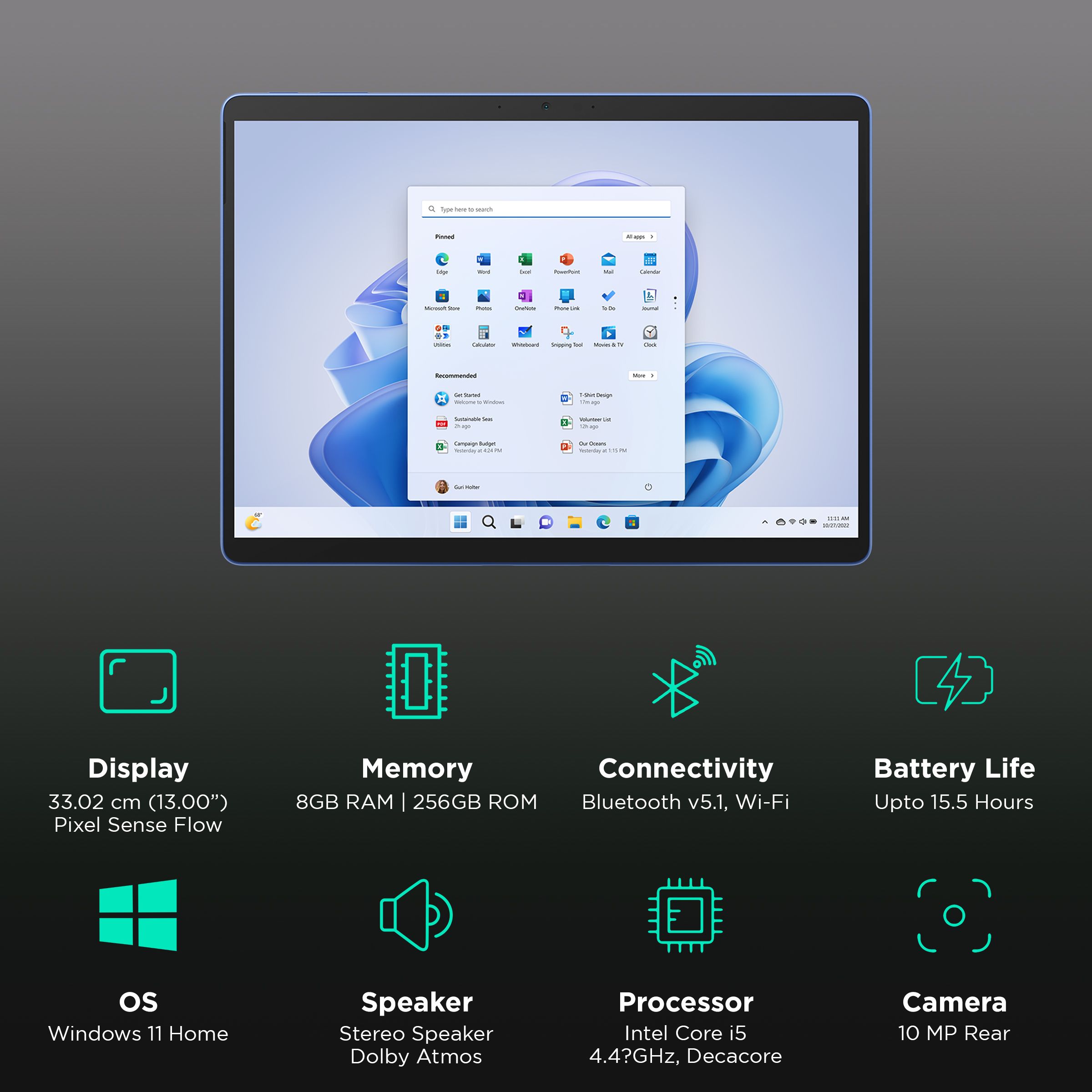 Microsoft Surface Pro 9 Wi-Fi Windows 11 Home Tablet (13 Inch, 8GB RAM, 256GB ROM, Sapphire)_3