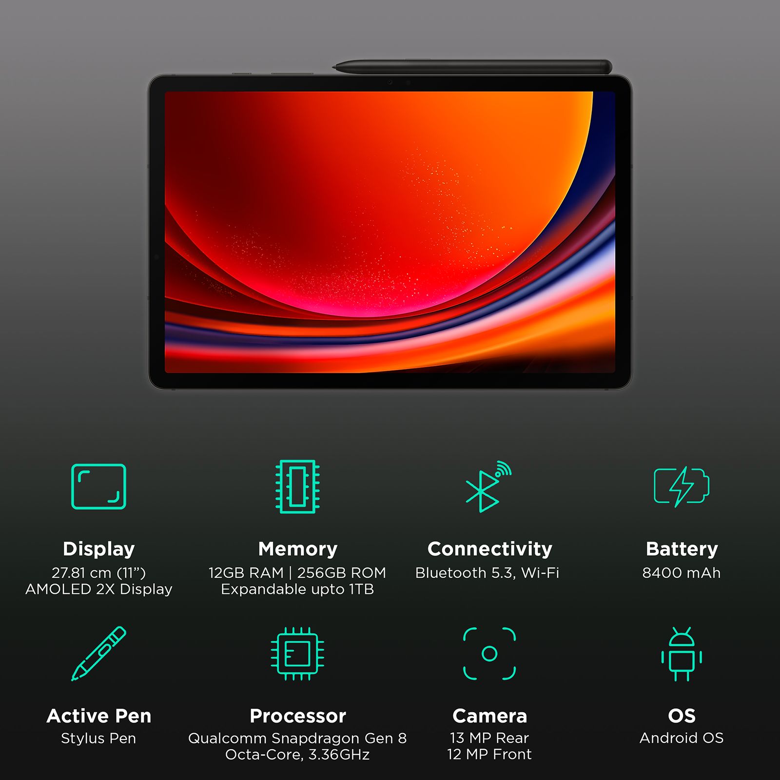 SAMSUNG Galaxy Tab S9 Wi-Fi Android Tablet with Stylus (11 Inch, 12GB RAM, 256GB ROM, Graphite)_3