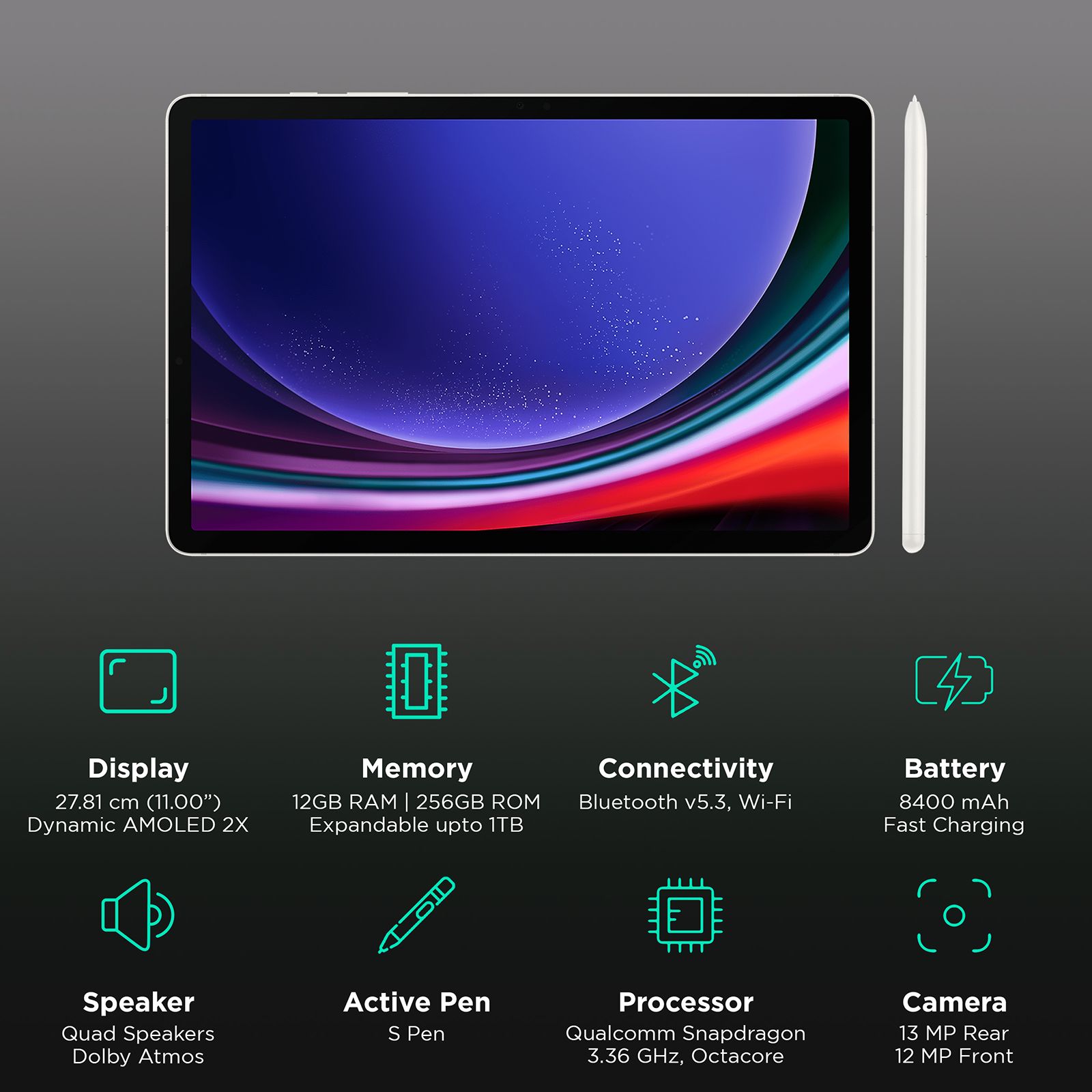 SAMSUNG Galaxy Tab S9 Wi-Fi Android Tablet with Stylus (11 Inch, 12GB RAM, 256GB ROM, Beige)_2