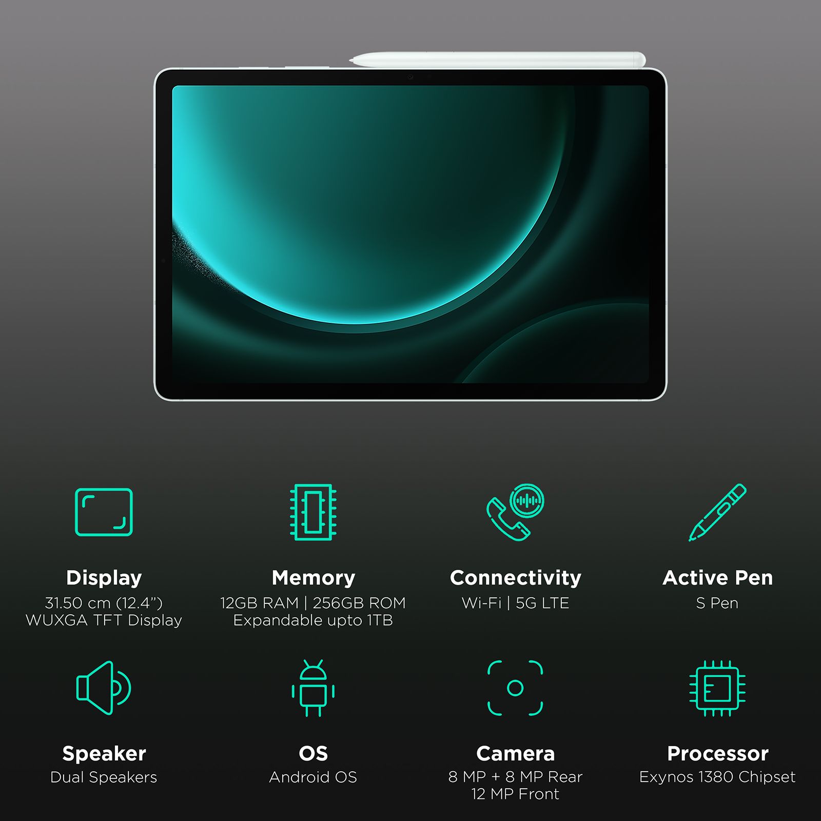 SAMSUNG Galaxy Tab S9 FE+ Wi-Fi and 5G Android Tablet (12.4 Inch, 12GB RAM, 256GB ROM, Mint)_3