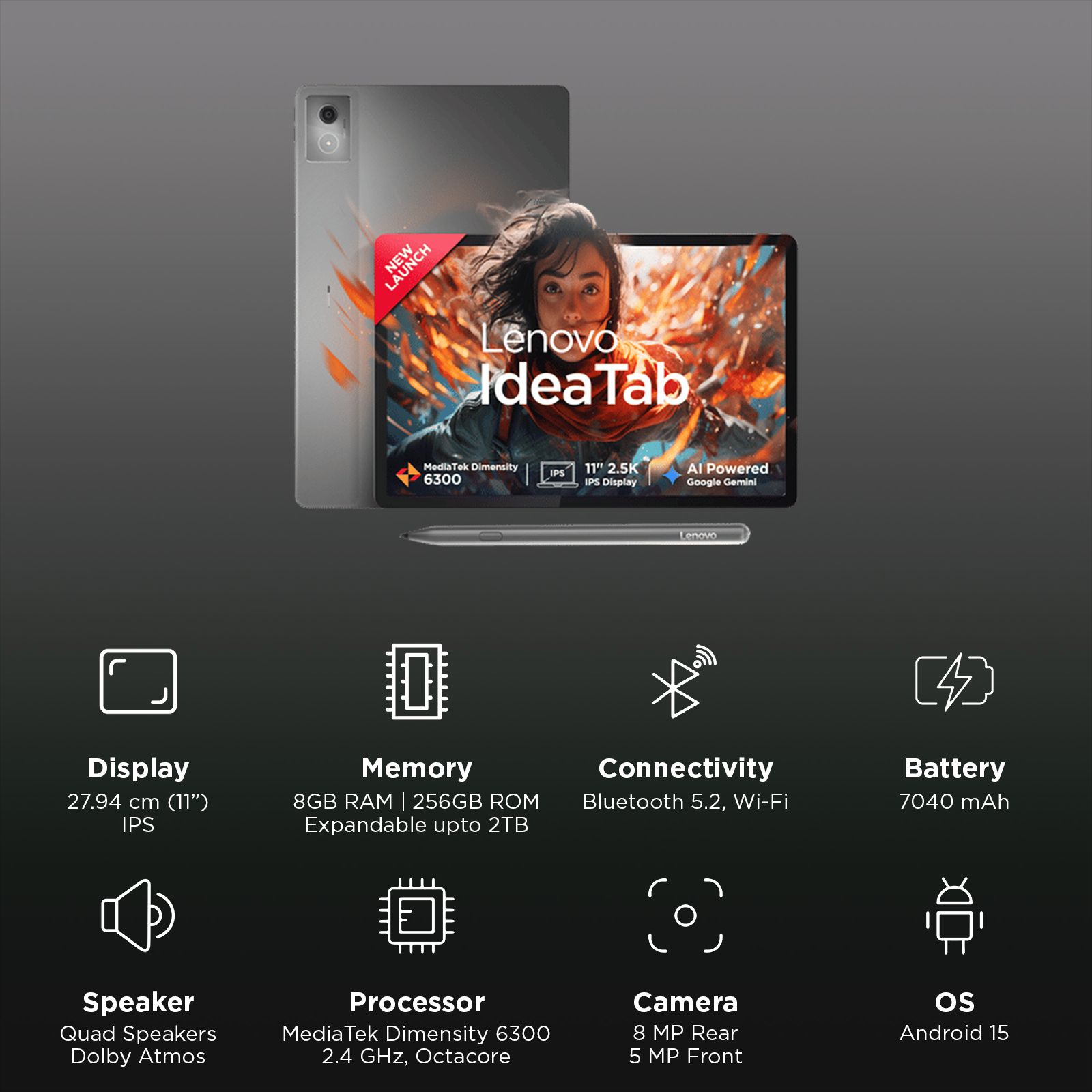 Lenovo Idea Tab Wi-Fi+5G Android Tablet with Lenovo Tab Pen (11 Inch, 8GB RAM, 256GB ROM, Luna Grey)_3