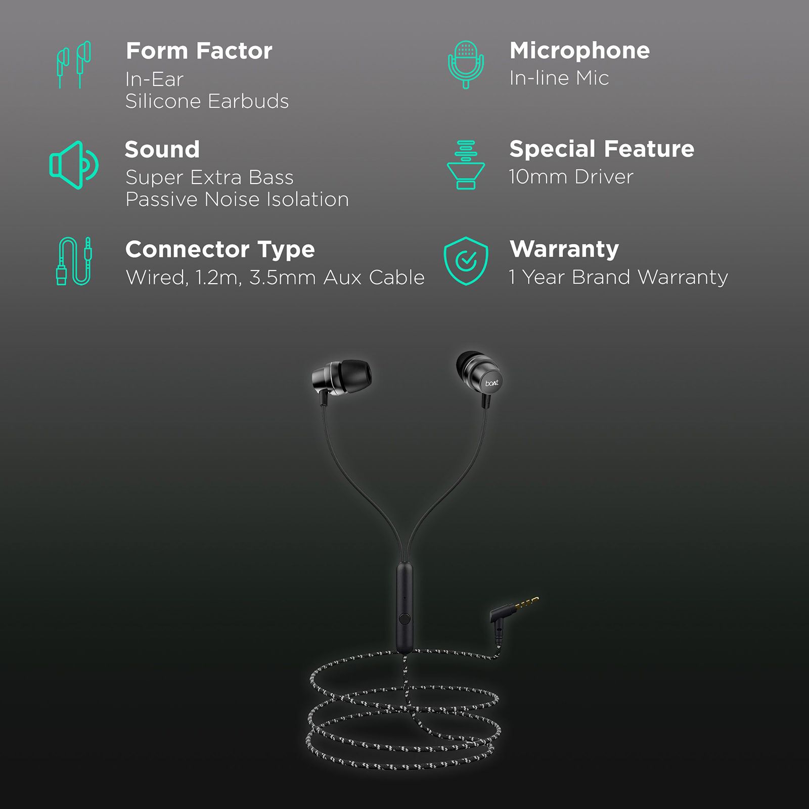 boAt Bassheads 182 Wired Earphone with Mic (In Ear, Black) boAt Bassheads 182 Wired Earphone with Mic (In Ear, Black)_2