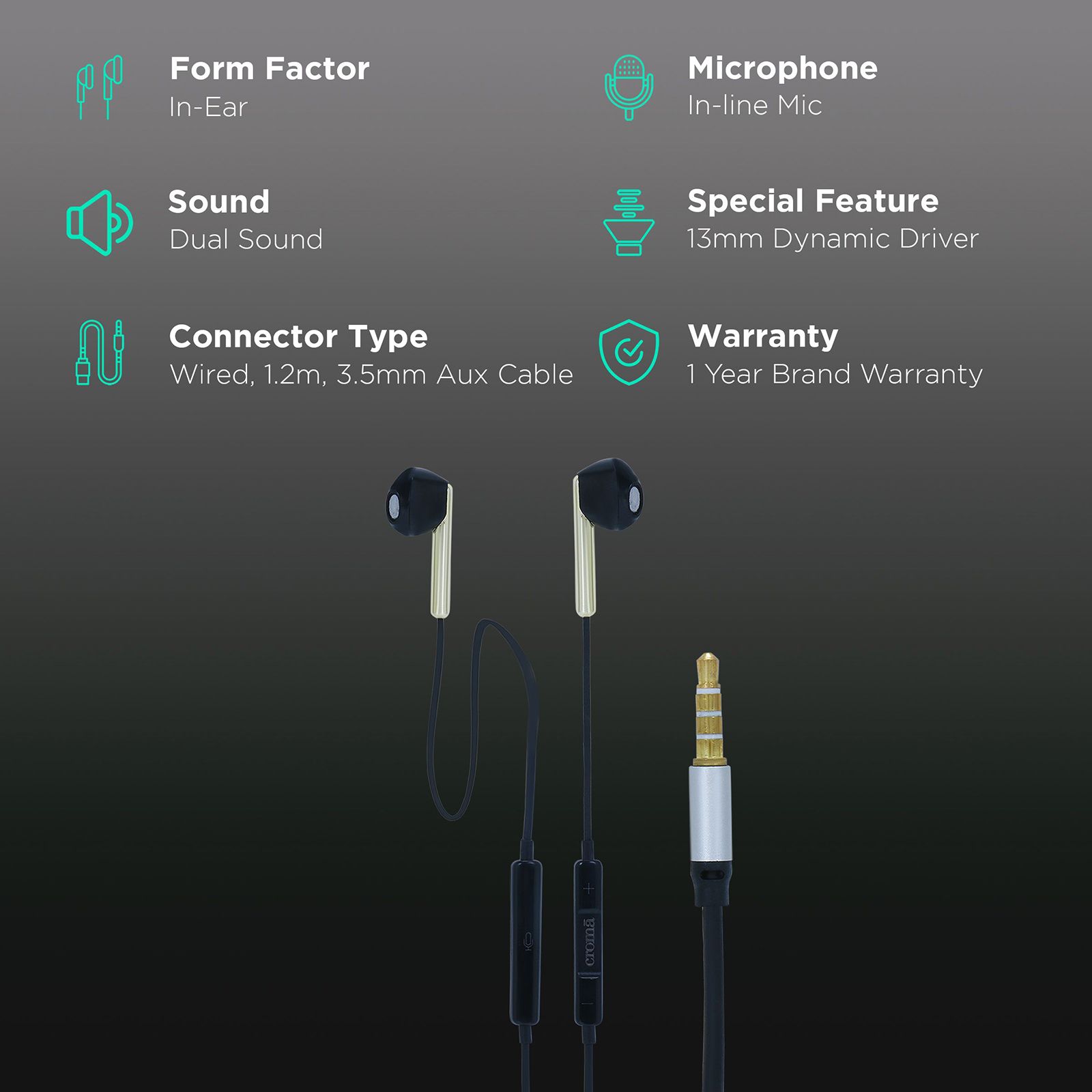 Croma Wired Earphone with Mic (In Ear, Black) Croma Wired Earphone with Mic (In Ear, Black)_2