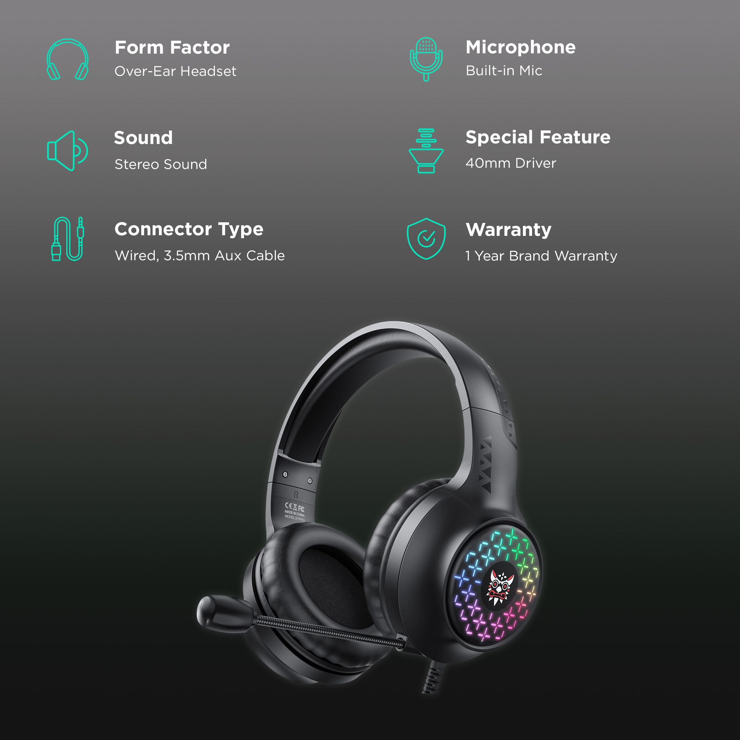 ONIKUMA X7 Pro Wired Gaming Headphone with Noise Cancellation (RGB Light, Over Ear, Black)_2