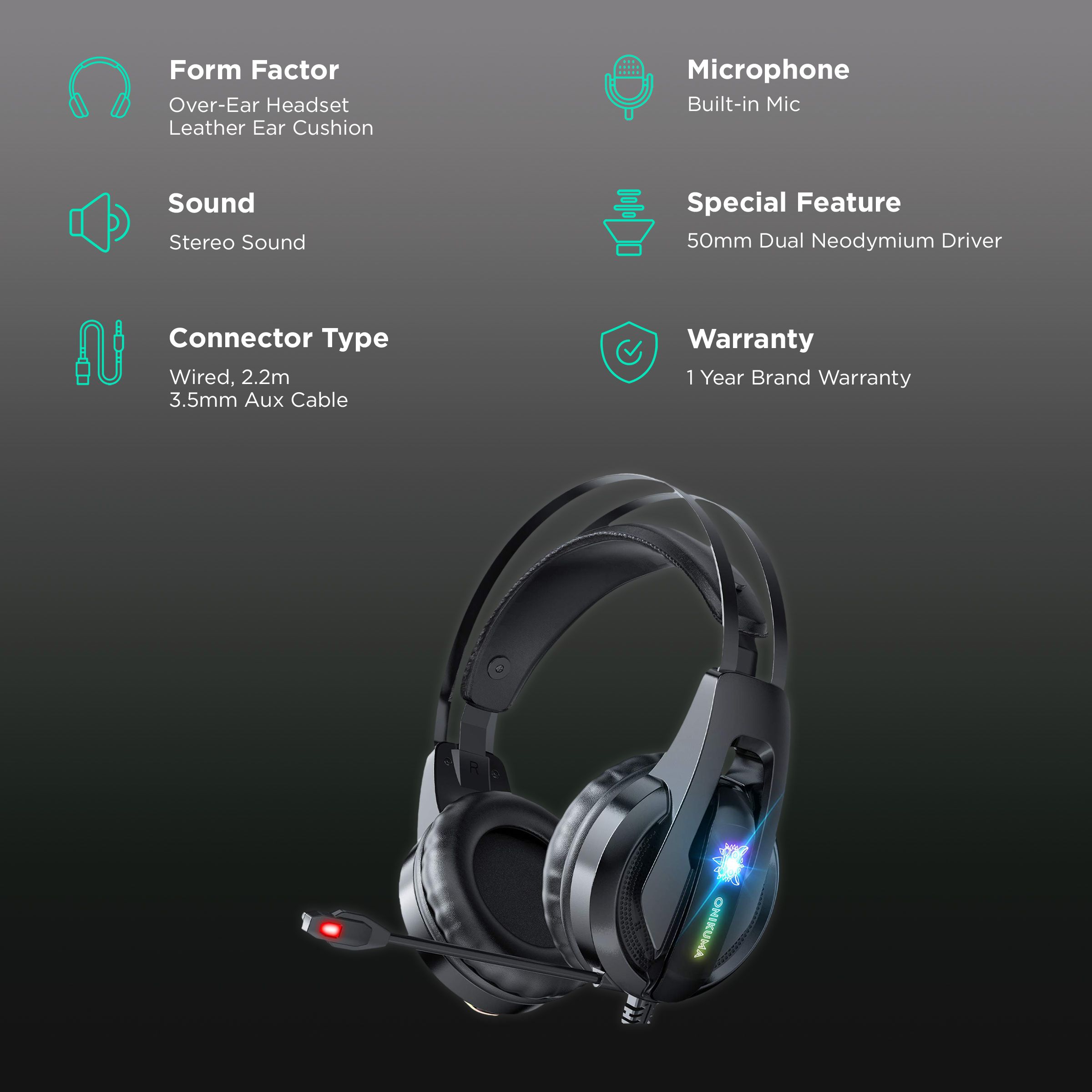 ONIKUMA K16 Wired Gaming Headphone with High Sensitive Noise Cancellation (Forbalanced Game Audio, Over Ear, Black)_2
