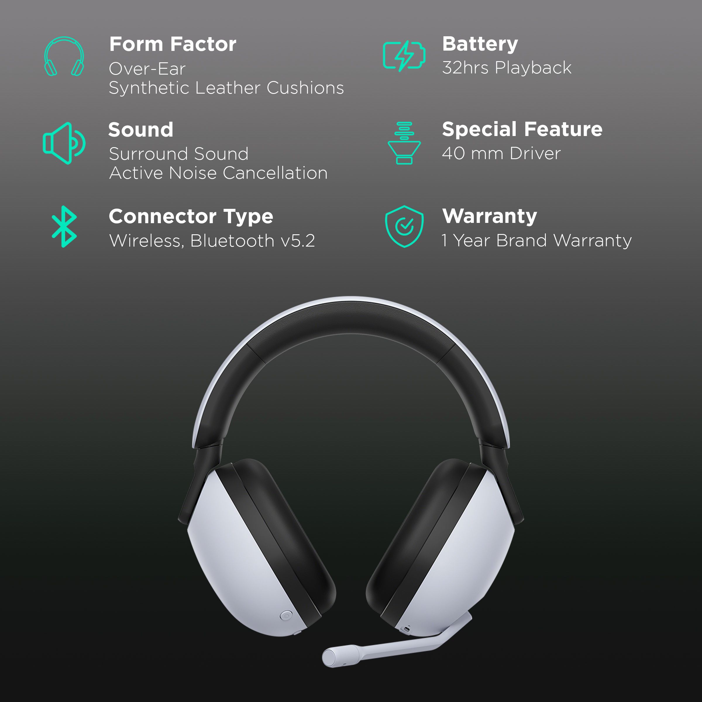 SONY INZONE H9 WH-G900 Bluetooth Gaming Headphone with Active Noise Cancellation (360 Spatial Sound, Over Ear, White) SONY INZONE H9 WH-G900 Bluetooth Gaming Headphone with Active Noise Cancellation (360 Spatial Sound, Over Ear, White)_2