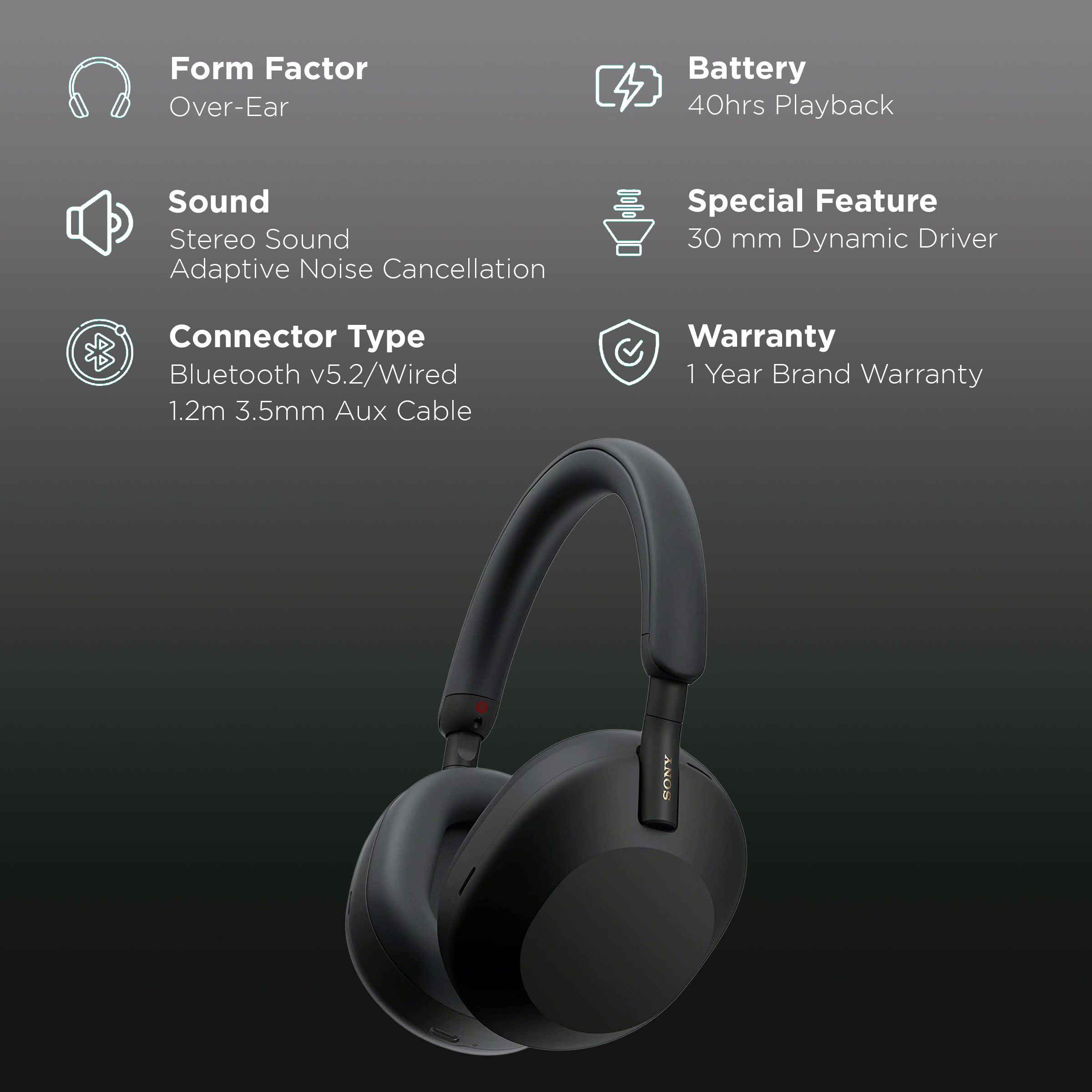 SONY WH-1000XM5 Bluetooth Headphone with Mic (Auto Noise Cancellation Optimizer, Over Ear, Black)_2