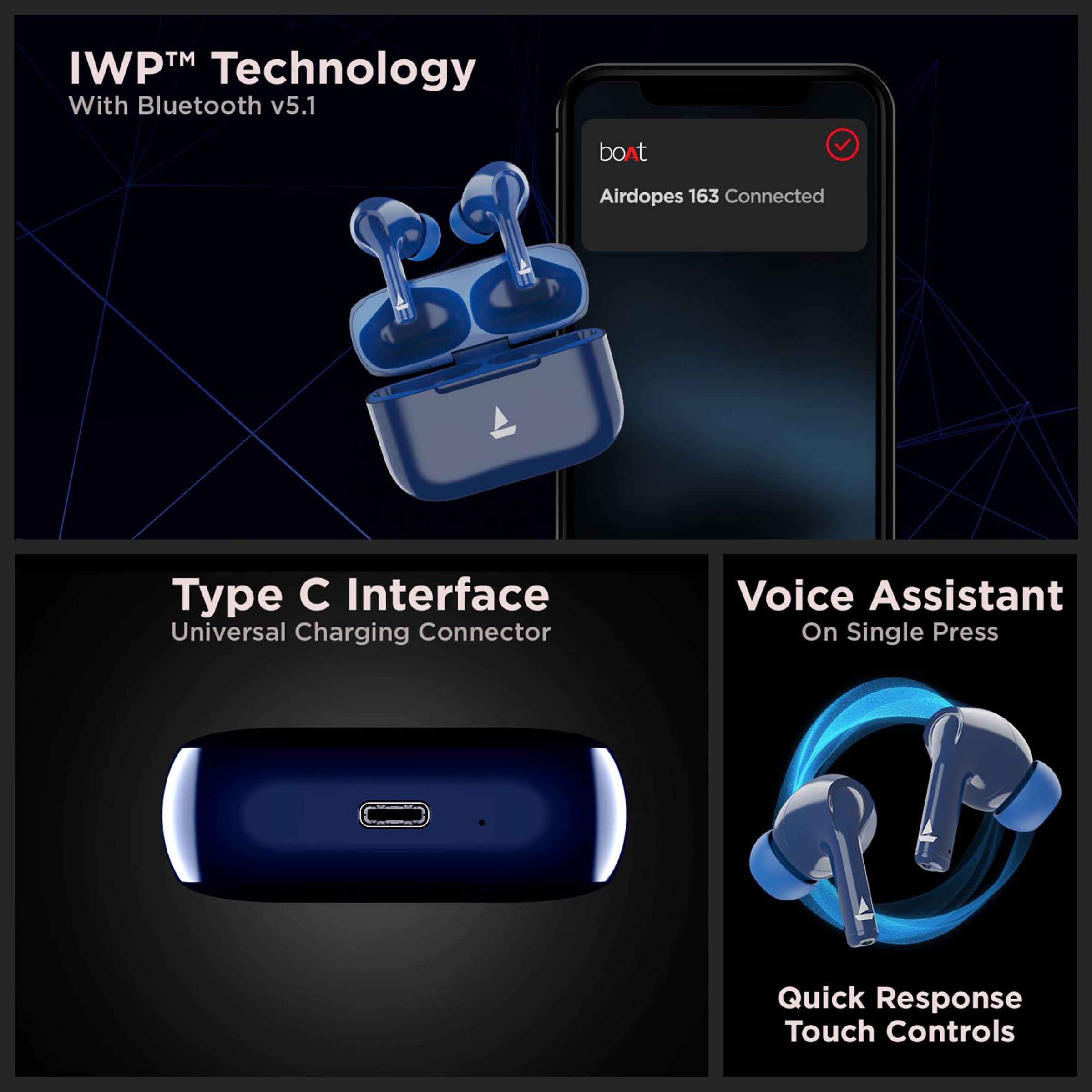 boAt Airdopes 163 TWS Earbuds (IPX5 Water Resistant, IWP Technology, Bold Blue)_7