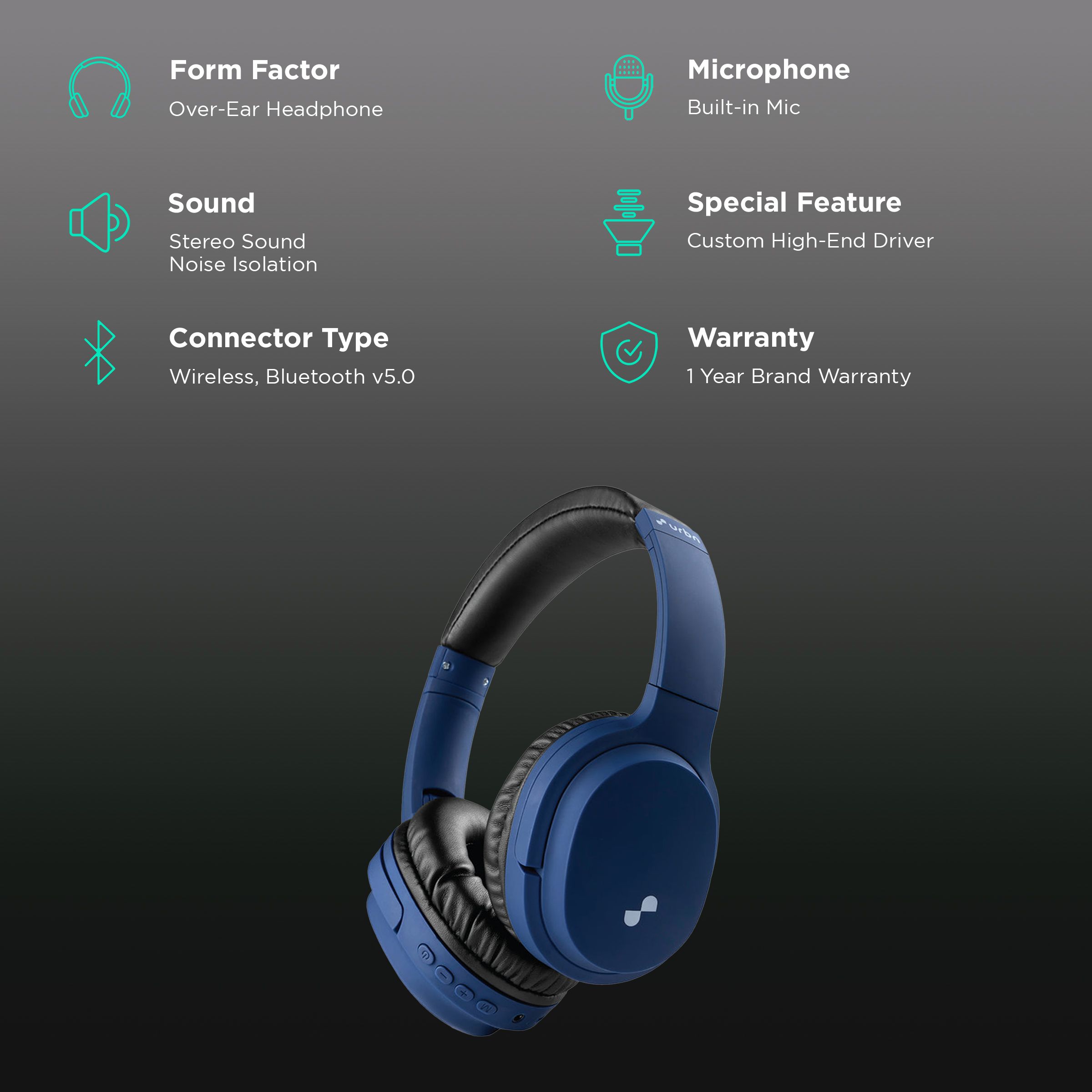 urbn Thump 550 Bluetooth Headphone with Mic (Upto16 Hours Playtime, Over-Ear, Blue)_2