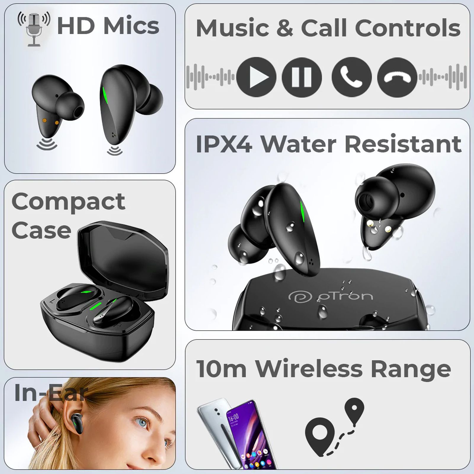 pTron Bassbuds B21 140318544 TWS Earbuds (IPX4 Water Resistant, Fast Charging, Black)_6
