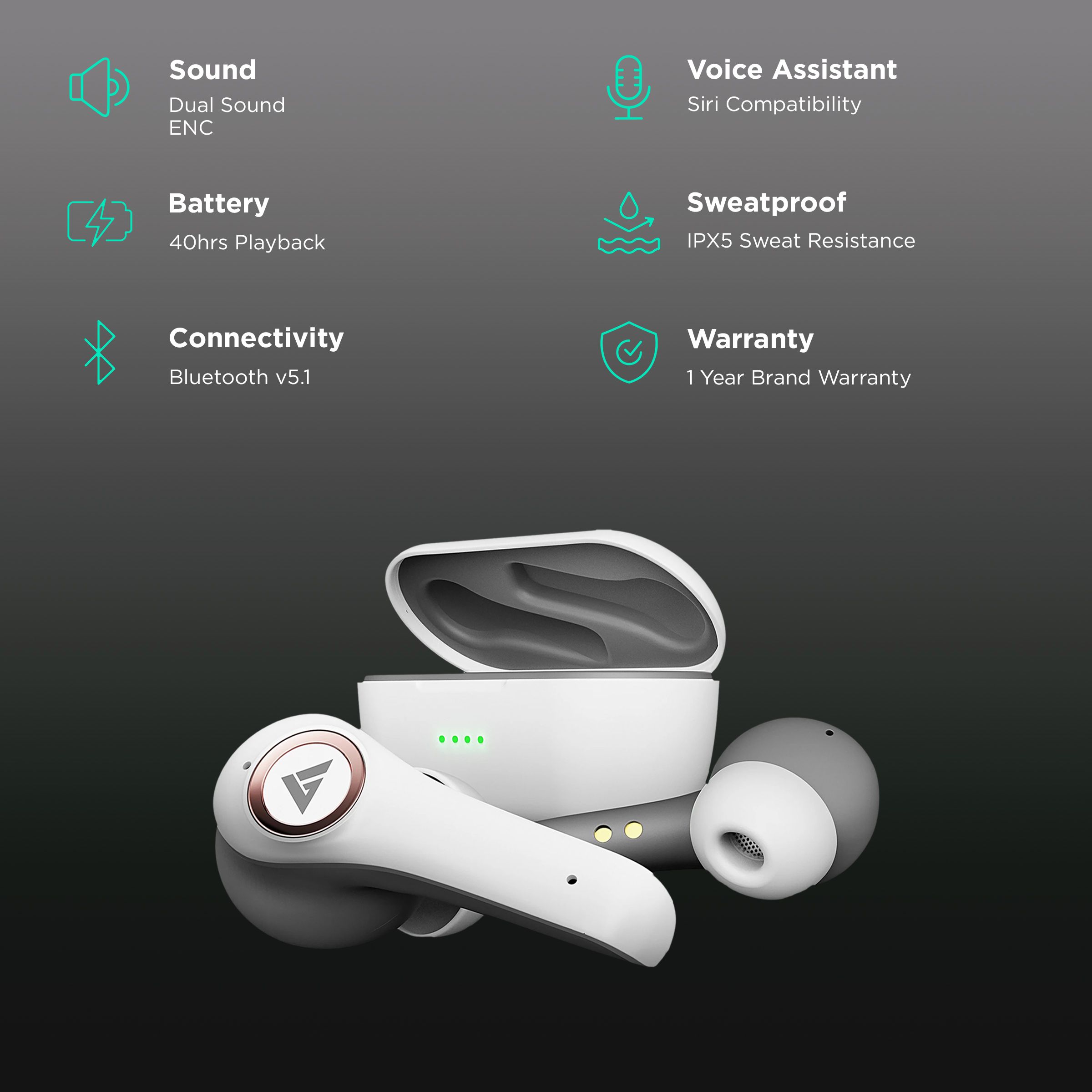 GOBOULT AirBass X50 TWS Earbuds with Environmental Noise Cancellation (IPX5 Sweat Resistant, Upto 40 Hours Playback, White)_2