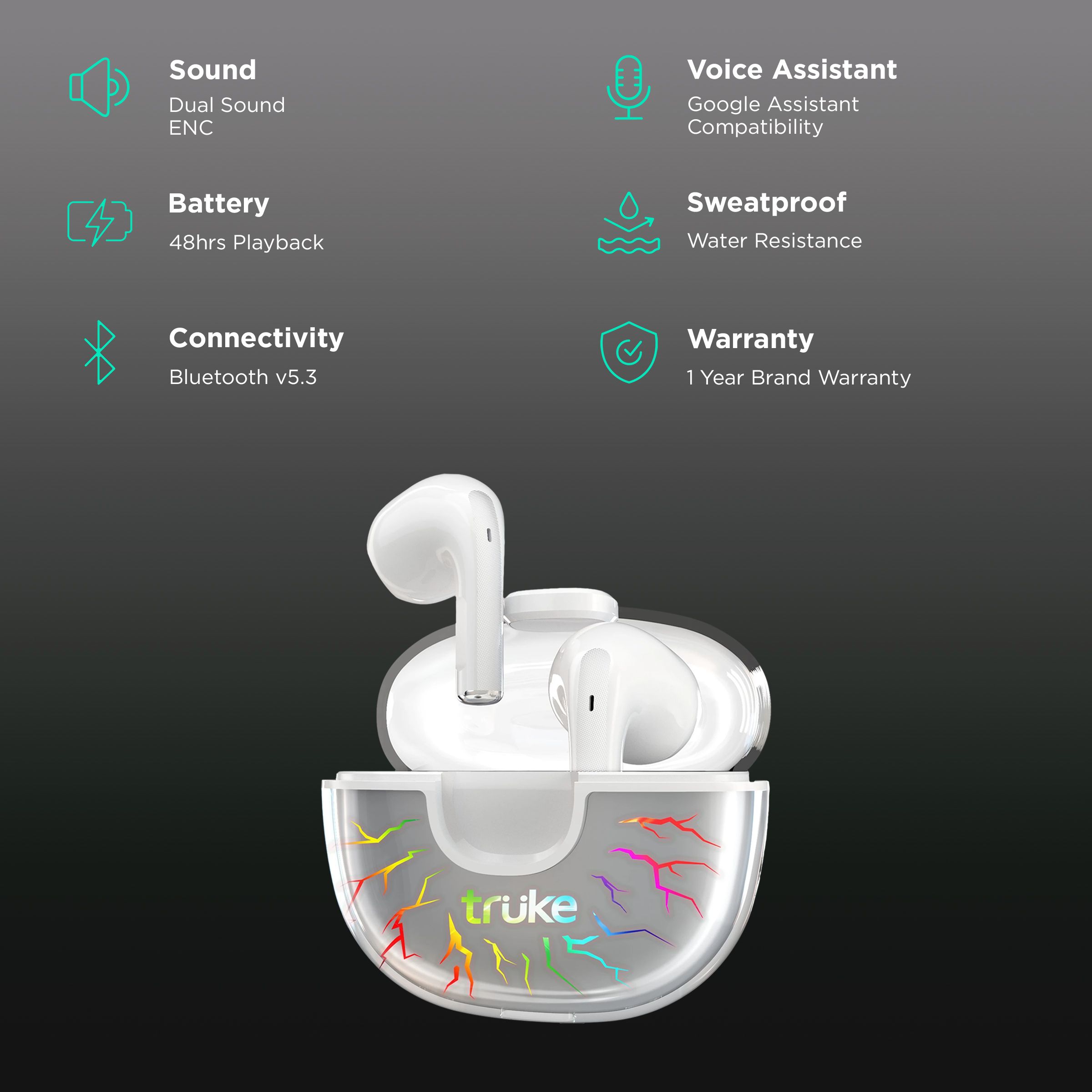 truke BTG Alpha TWS Earbuds with Environmental Noise Cancellation (Water Resistant, 40ms Low Latency Gaming, White) truke BTG Alpha TWS Earbuds with Environmental Noise Cancellation (Water Resistant, 40ms Low Latency Gaming, White)_2
