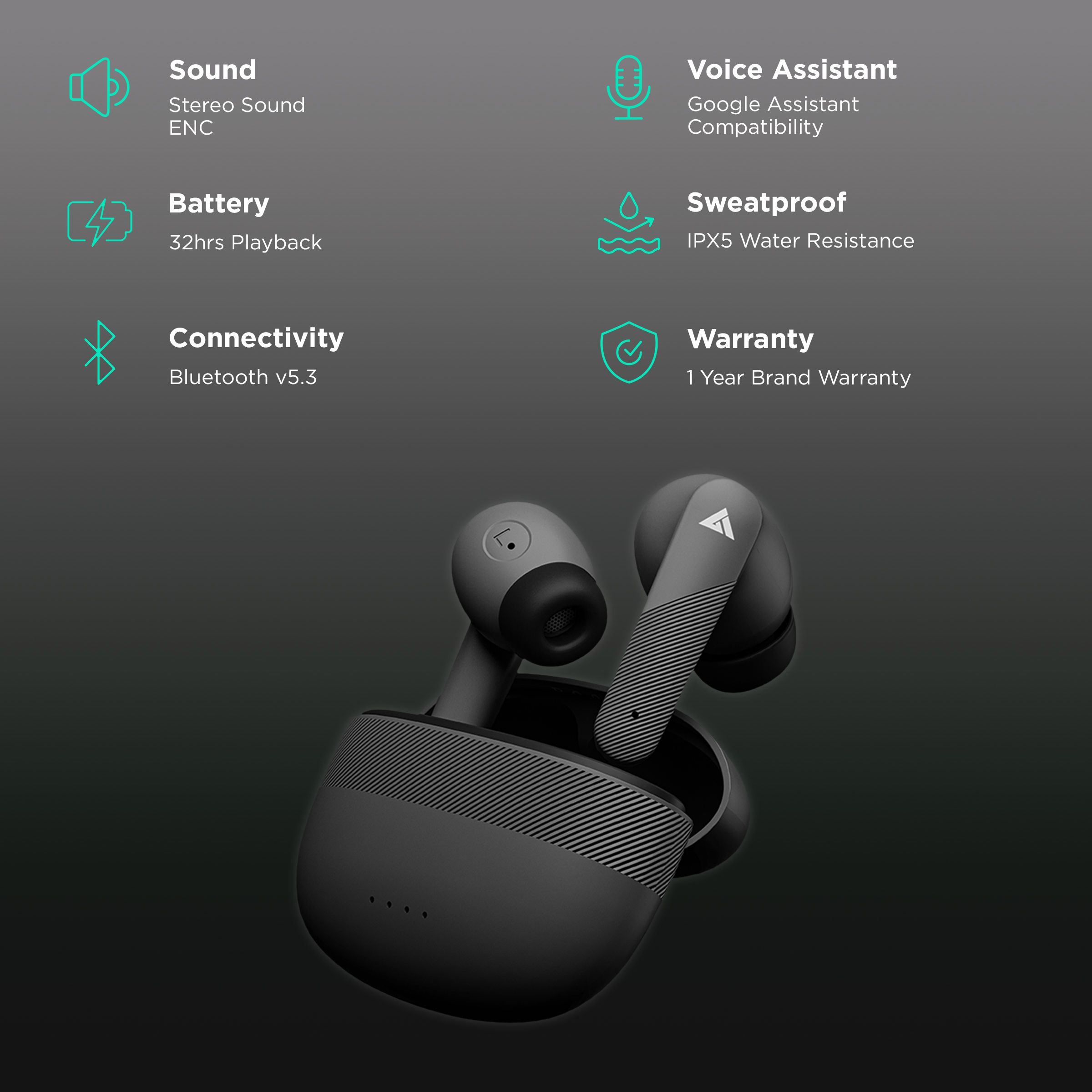 GOBOULT Airbass Z35 TWS Earbuds with Environmental Noise Cancellation (IPX5 Water Resistant, 32Hrs Total Playback Time, Graphite Black)_2