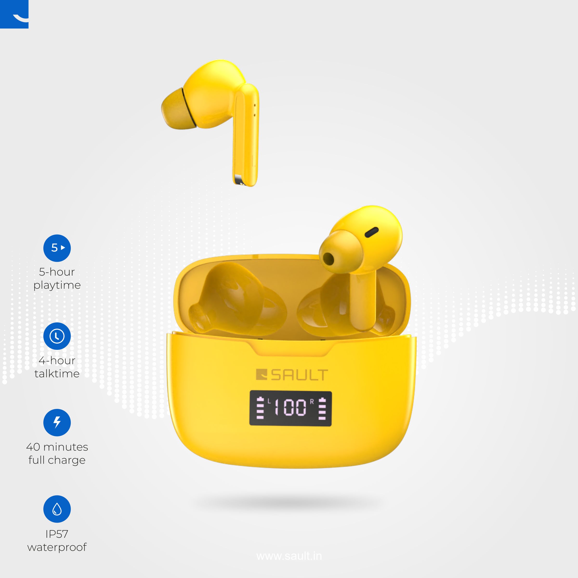 SAULT Airplugs 2x TWS Earbuds with Noise Isolation (IP57 Water Resistant, Touch Sensor, Yellow) SAULT Airplugs 2x TWS Earbuds with Noise Isolation (IP57 Water Resistant, Touch Sensor, Yellow)_3