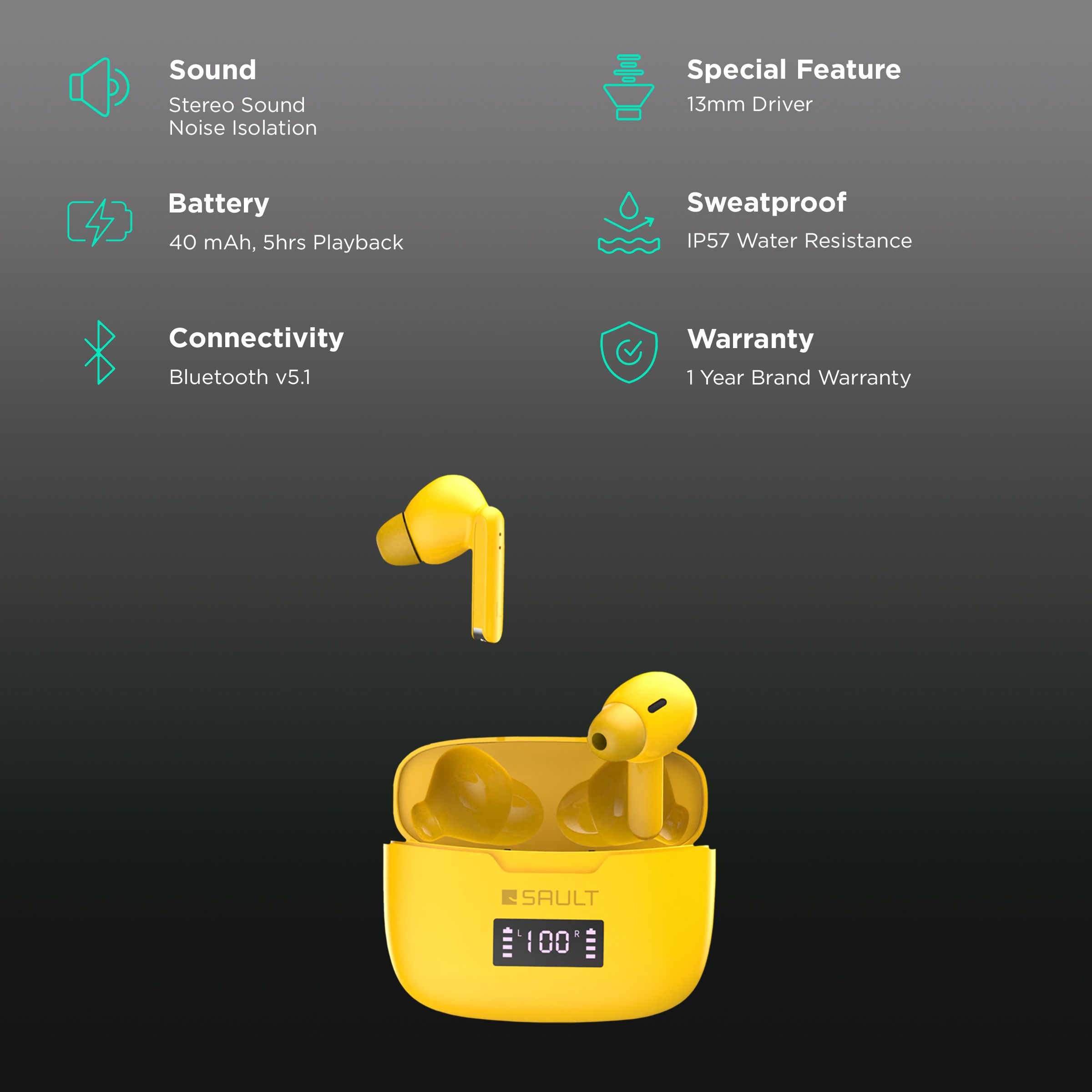 SAULT Airplugs 2x TWS Earbuds with Noise Isolation (IP57 Water Resistant, Touch Sensor, Yellow) SAULT Airplugs 2x TWS Earbuds with Noise Isolation (IP57 Water Resistant, Touch Sensor, Yellow)_2