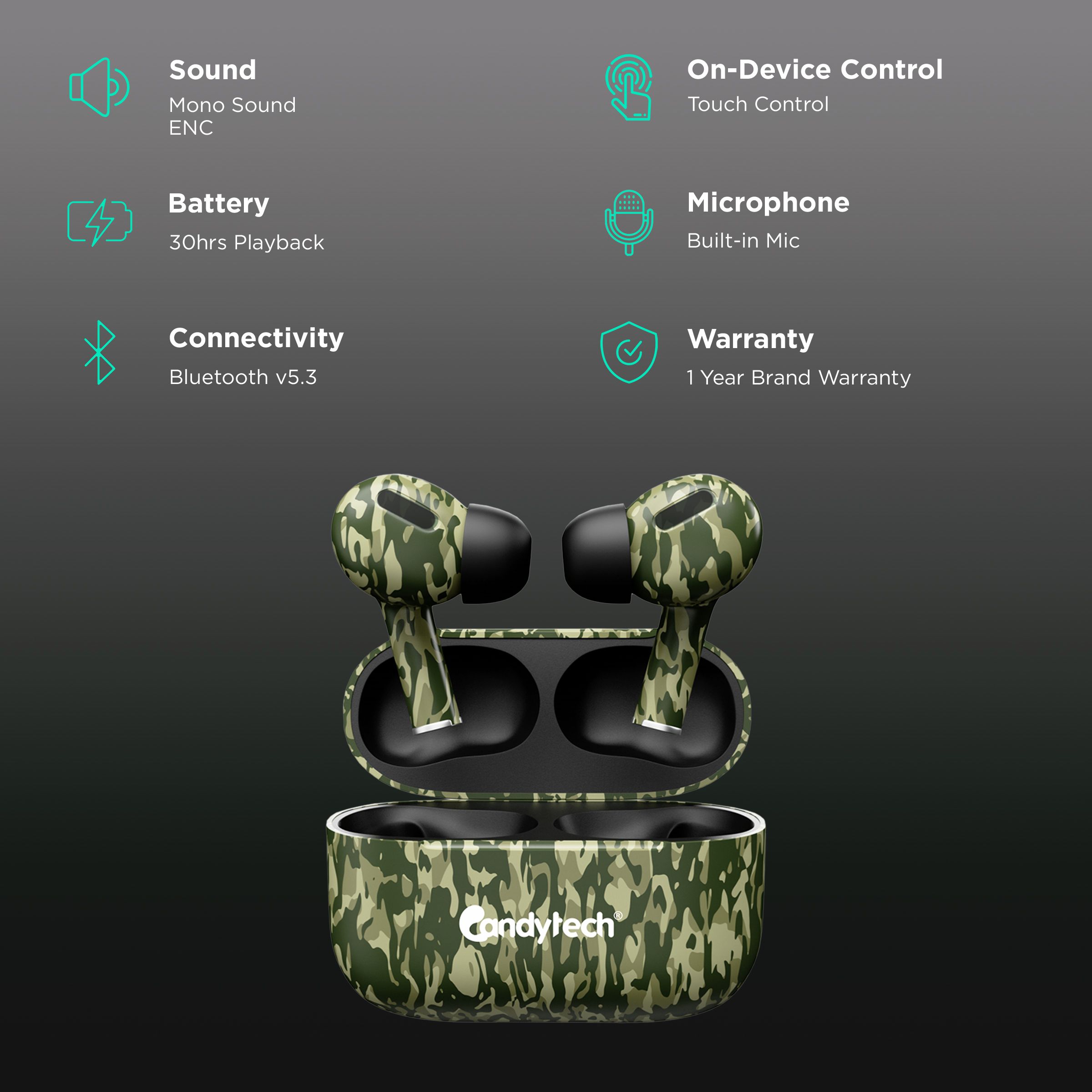 Candytech AirCamo Pro TWS Earbuds with Environmental Noise Cancellation (IPX4, Green) Candytech AirCamo Pro TWS Earbuds with Environmental Noise Cancellation (IPX4, Green)_2