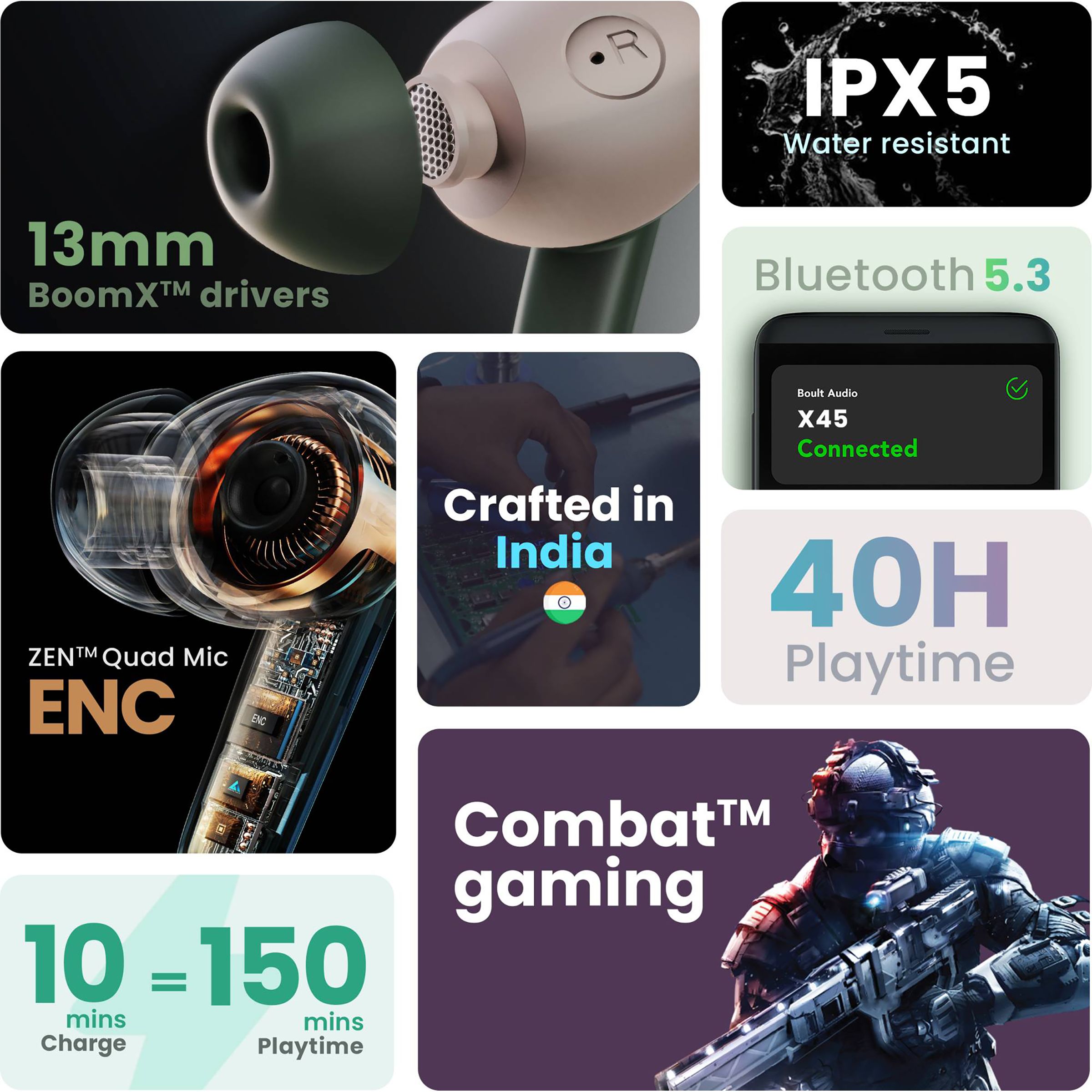 GOBOULT Airbass X45 TWS Earbuds with Environmental Noise Cancellation (IPX5 Water Resistant, 40 Hours Playtime, Green)_5