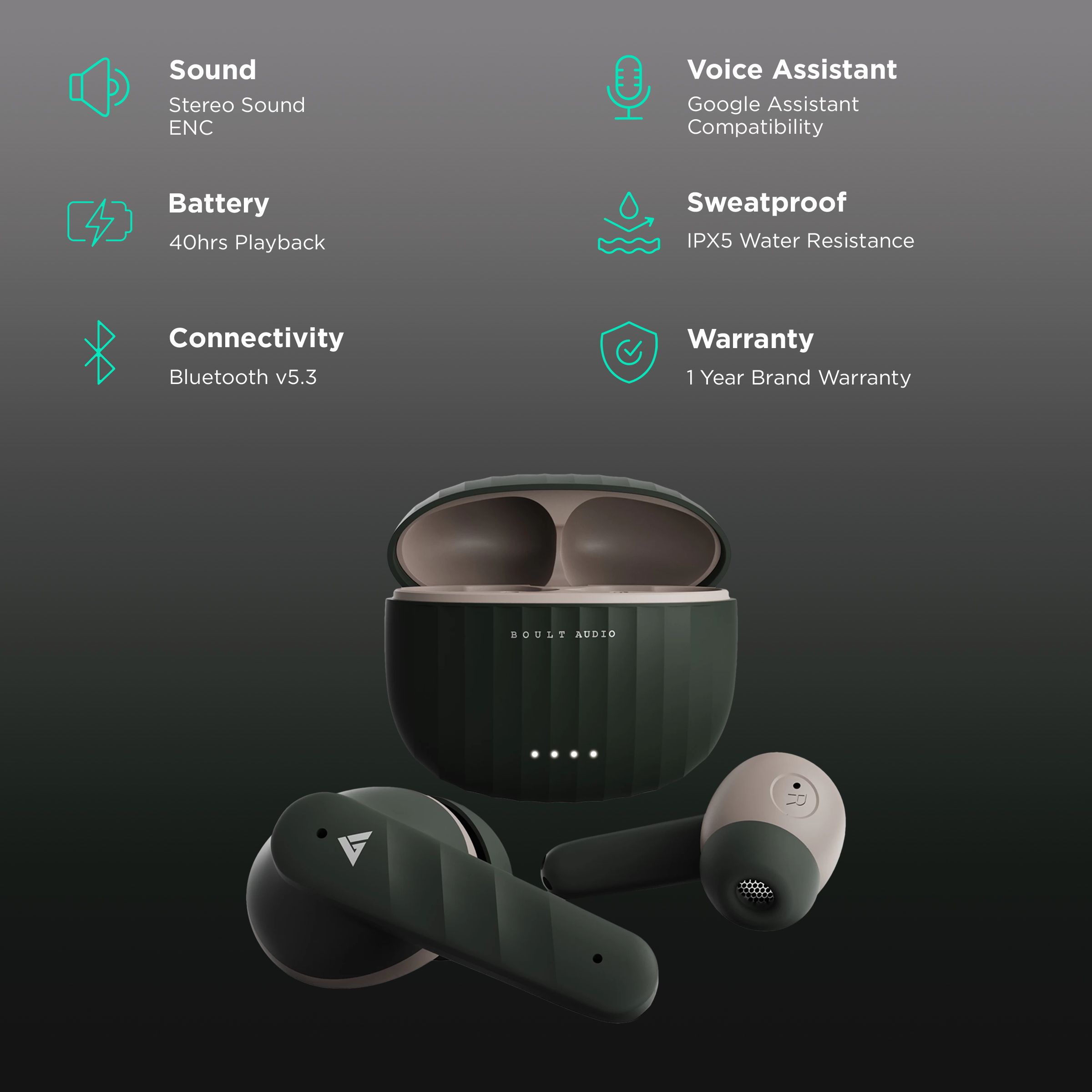 GOBOULT Airbass X45 TWS Earbuds with Environmental Noise Cancellation (IPX5 Water Resistant, 40 Hours Playtime, Green)_2