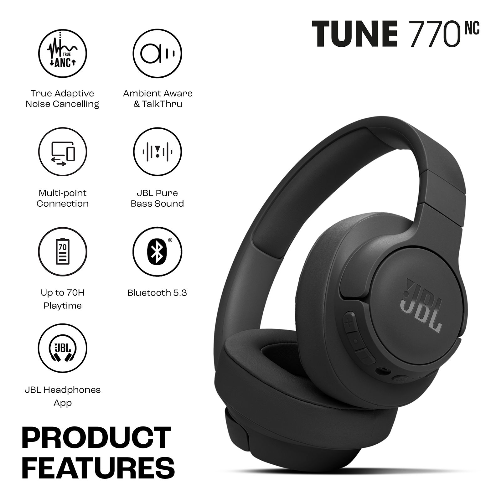 JBL Tune 770NC Bluetooth Headphone with Adaptive Noise Cancellation (Pure Bass Sound, Over Ear, Black) JBL Tune 770NC Bluetooth Headphone with Adaptive Noise Cancellation (Pure Bass Sound, Over Ear, Black)_18