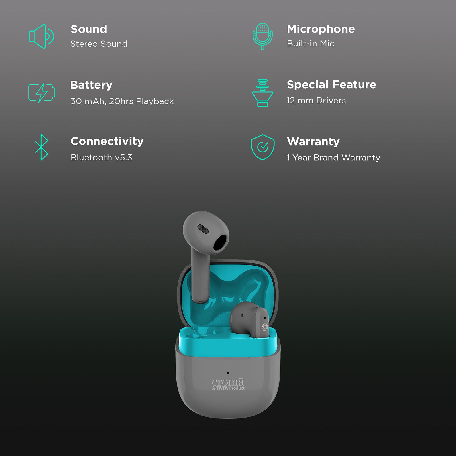 Croma TWS Earbuds with Environmental Noise Cancellation (IPX4 Water Resistant, Fast Charging, Grey Blue)_2