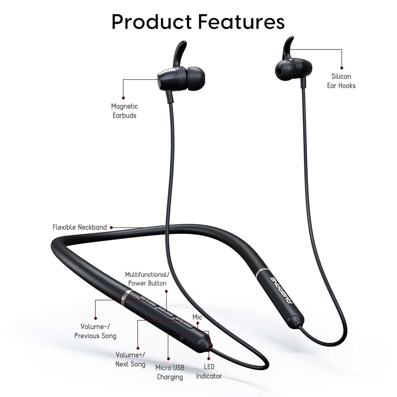 ambrane Bass Band Pro Neckband (IPX5 Water Resistant, Fast Charging, Black)_4