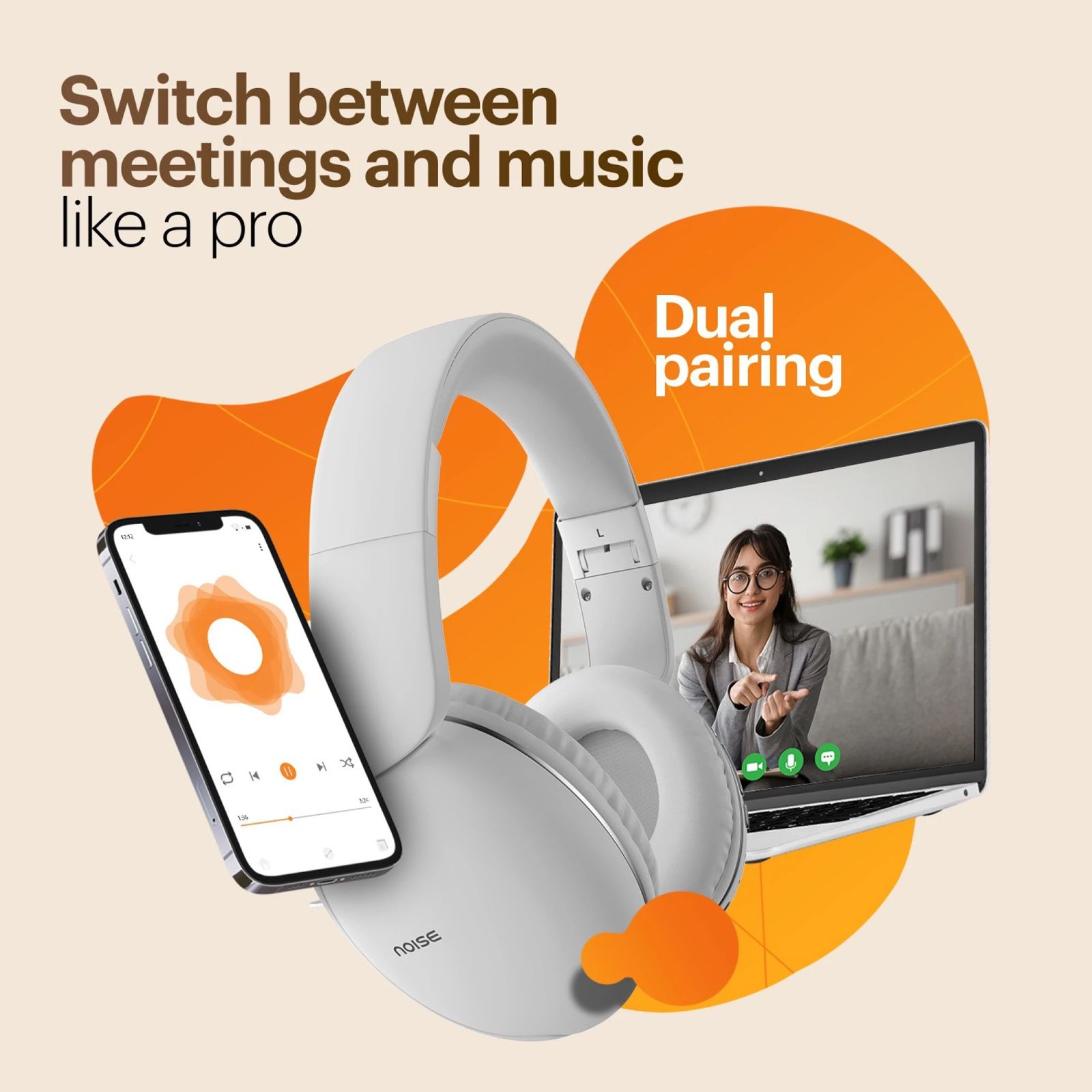 noise Two Bluetooth Headphone with Mic (Upto 50 Hours Playtime, Over Ear, Calm White)_6