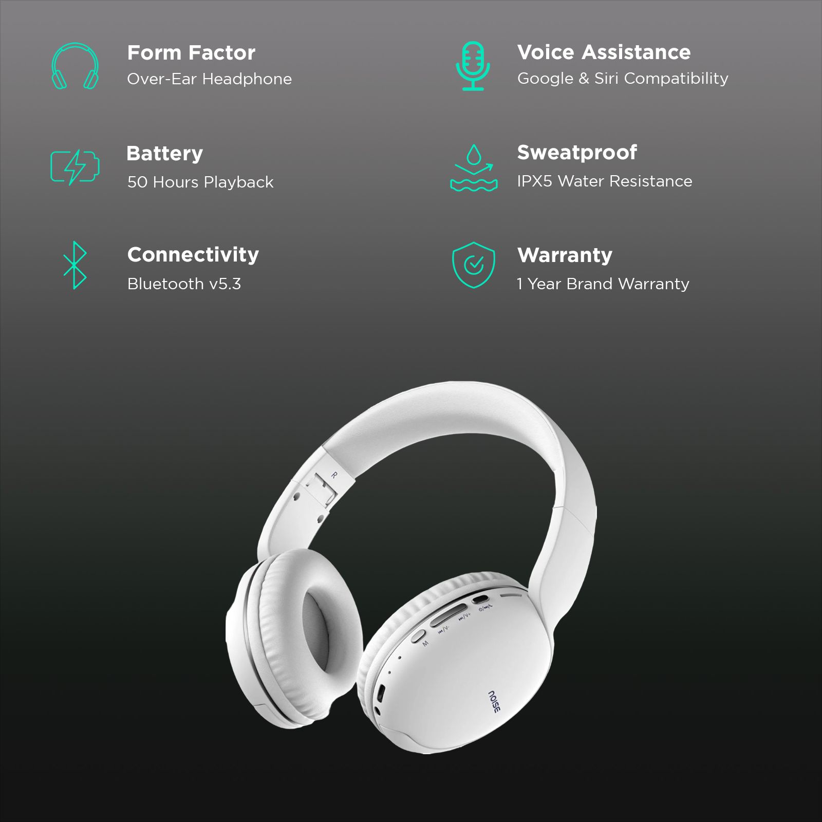 noise Two Bluetooth Headphone with Mic (Upto 50 Hours Playtime, Over Ear, Calm White)_2