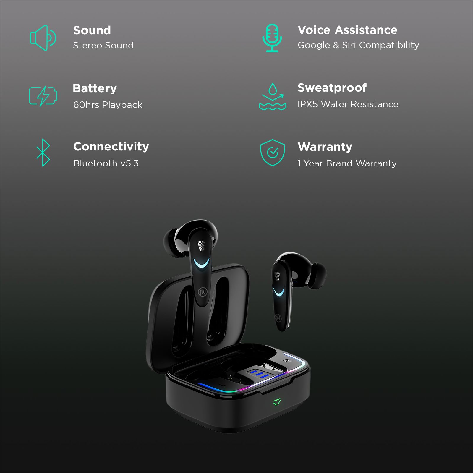noise Buds Combat X TWS Earbuds with Environmental Noise Cancellation (IPX5 Water Resistant, Instacharge, Stealth Black)_2