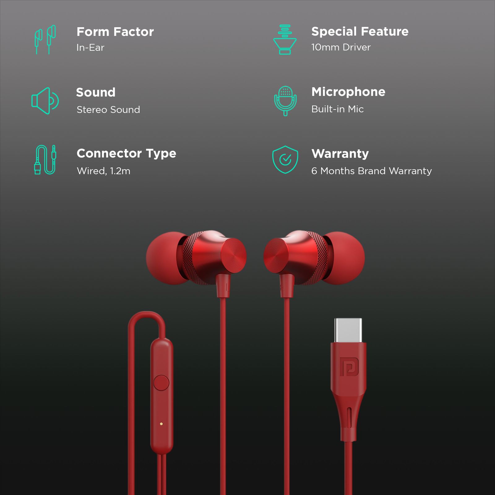 PORTRONICS Conch Beat C POR 2285 Wired Earphone with Mic (USB Type C Connector, In Ear, Red) PORTRONICS Conch Beat C POR 2285 Wired Earphone with Mic (USB Type C Connector, In Ear, Red)_2