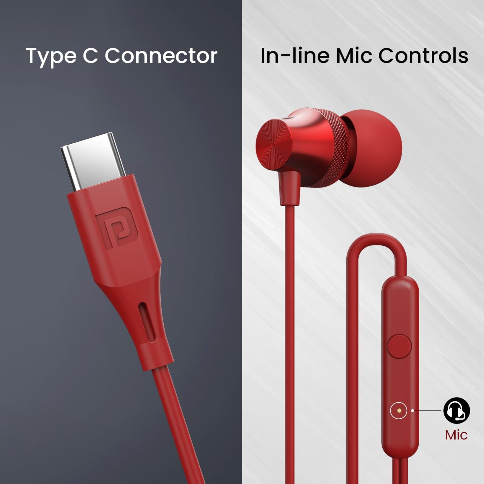 PORTRONICS Conch Beat C POR 2285 Wired Earphone with Mic (USB Type C Connector, In Ear, Red) PORTRONICS Conch Beat C POR 2285 Wired Earphone with Mic (USB Type C Connector, In Ear, Red)_5