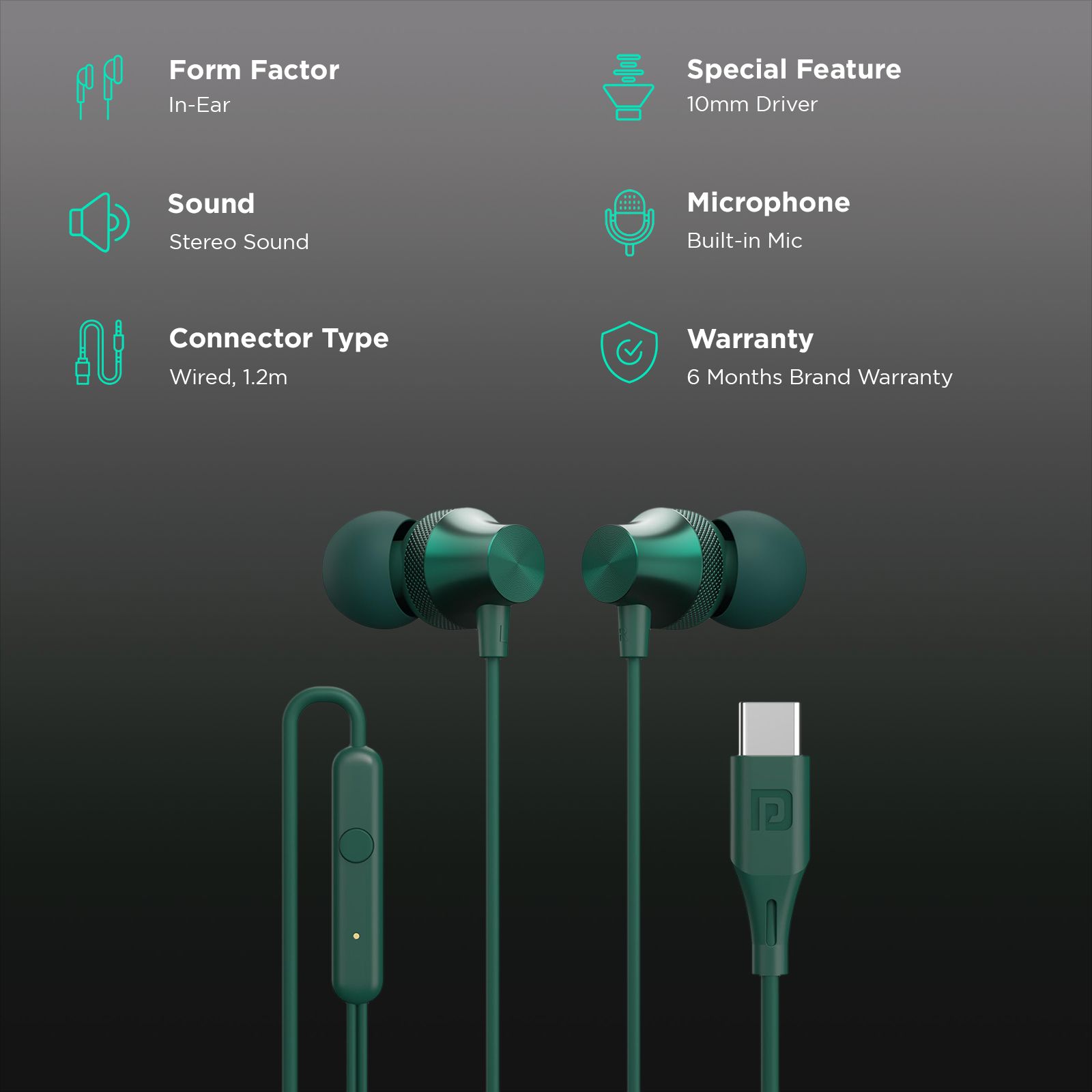 PORTRONICS Conch Beat C POR 2287 Wired Earphone with Mic (USB Type C Connector, In Ear, Green) PORTRONICS Conch Beat C POR 2287 Wired Earphone with Mic (USB Type C Connector, In Ear, Green)_2