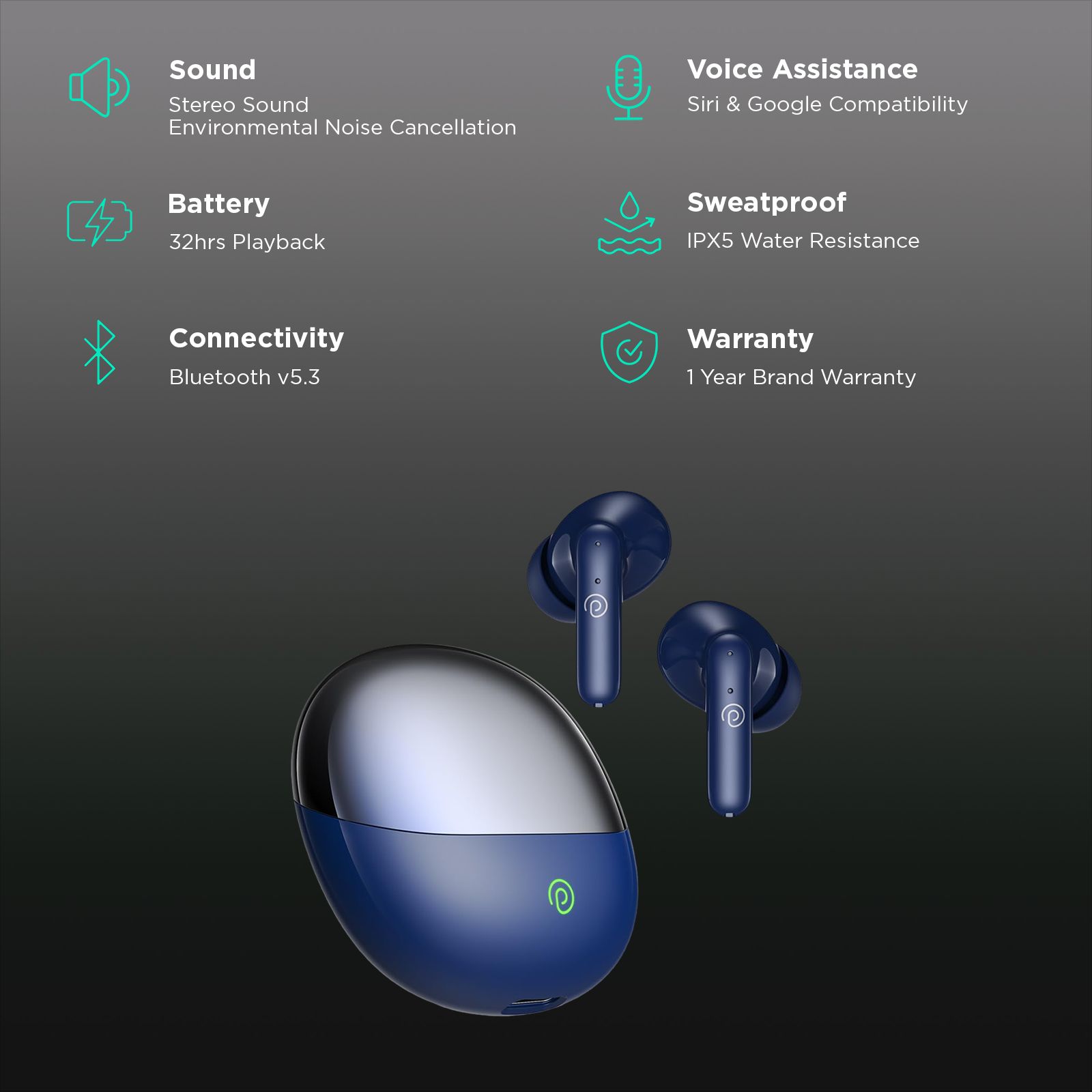pTron Zenbuds Evo TWS Earbuds with Environmental Noise Cancellation (IPX5 Water Resistant, Immersive Stereo Sound, Blue)_2