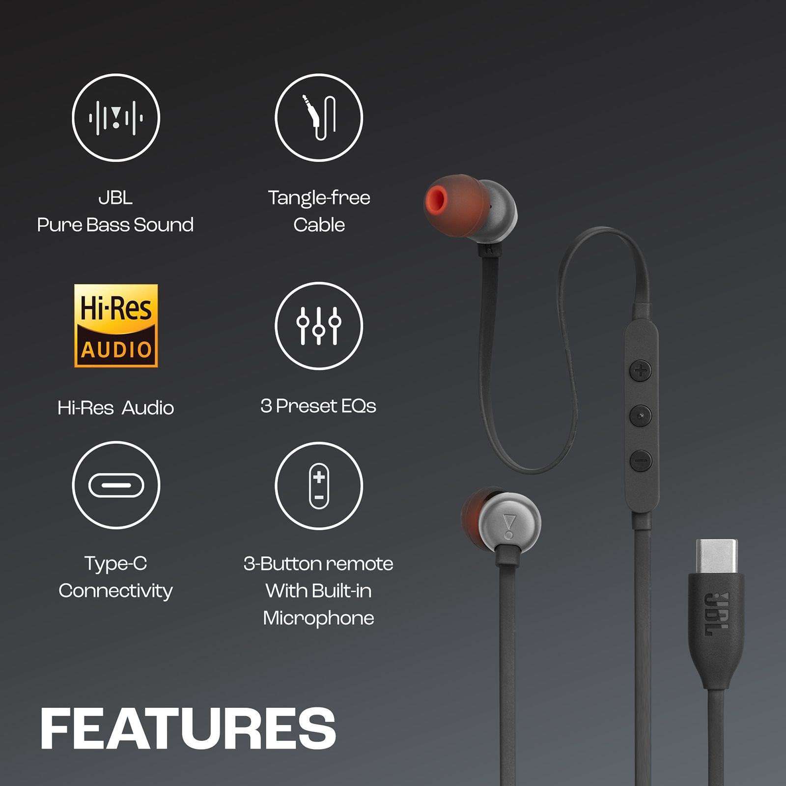 JBL T310C Wired Earphone with Mic (USB Type-C Connector, In Ear, Black) JBL T310C Wired Earphone with Mic (USB Type-C Connector, In Ear, Black)_15